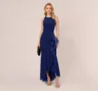 High Low Crepe Halter Gown With Organza Draping In Navy Sateen sold by Adrianna Papell