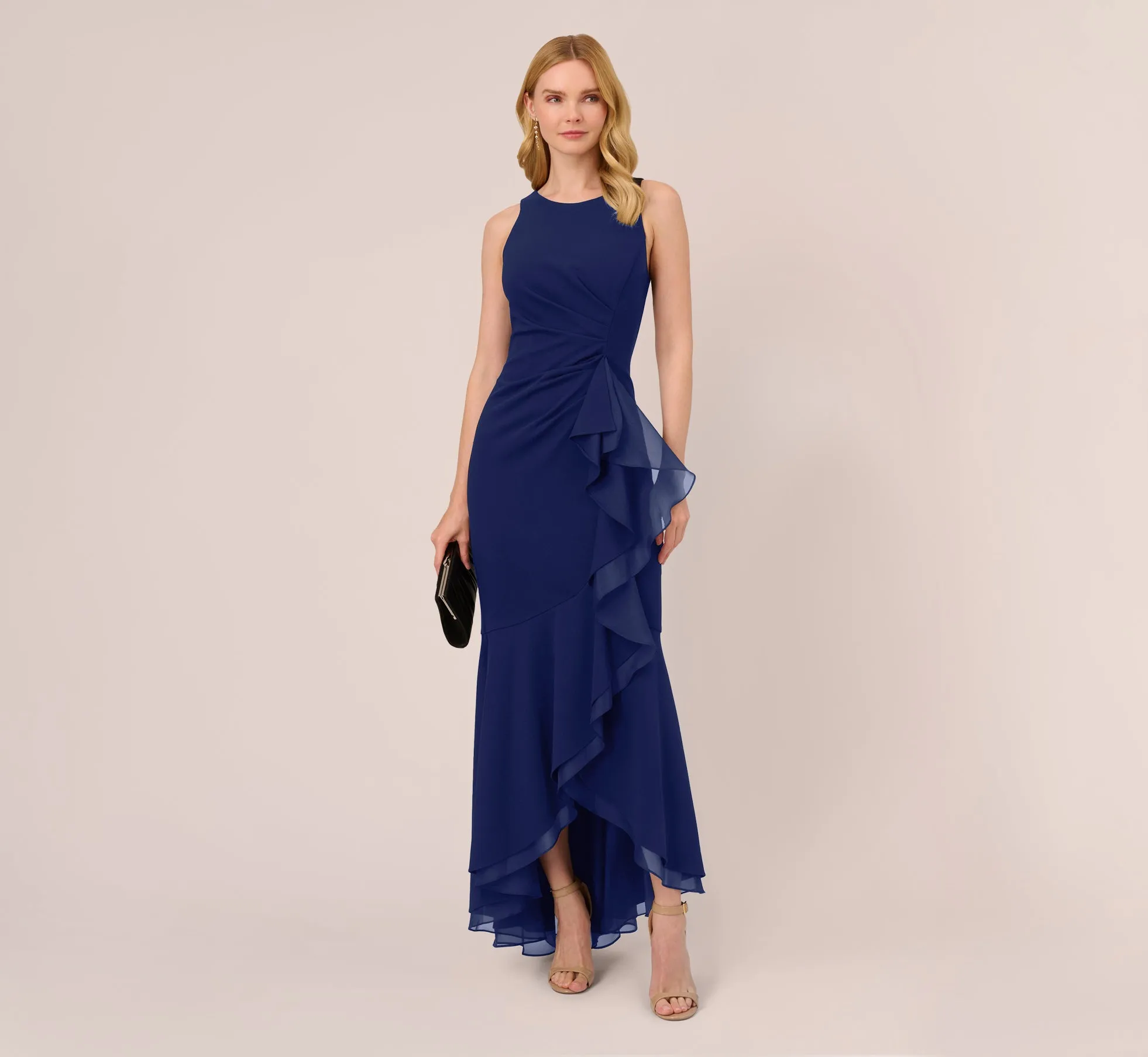 High Low Crepe Halter Gown With Organza Draping In Navy Sateen sold by Adrianna Papell product image thumbnail 2