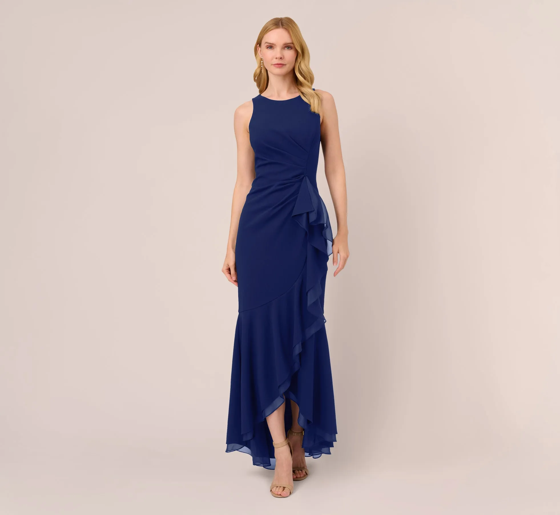High Low Crepe Halter Gown With Organza Draping In Navy Sateen sold by Adrianna Papell