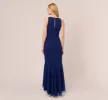 High Low Crepe Halter Gown With Organza Draping In Navy Sateen sold by Adrianna Papell
