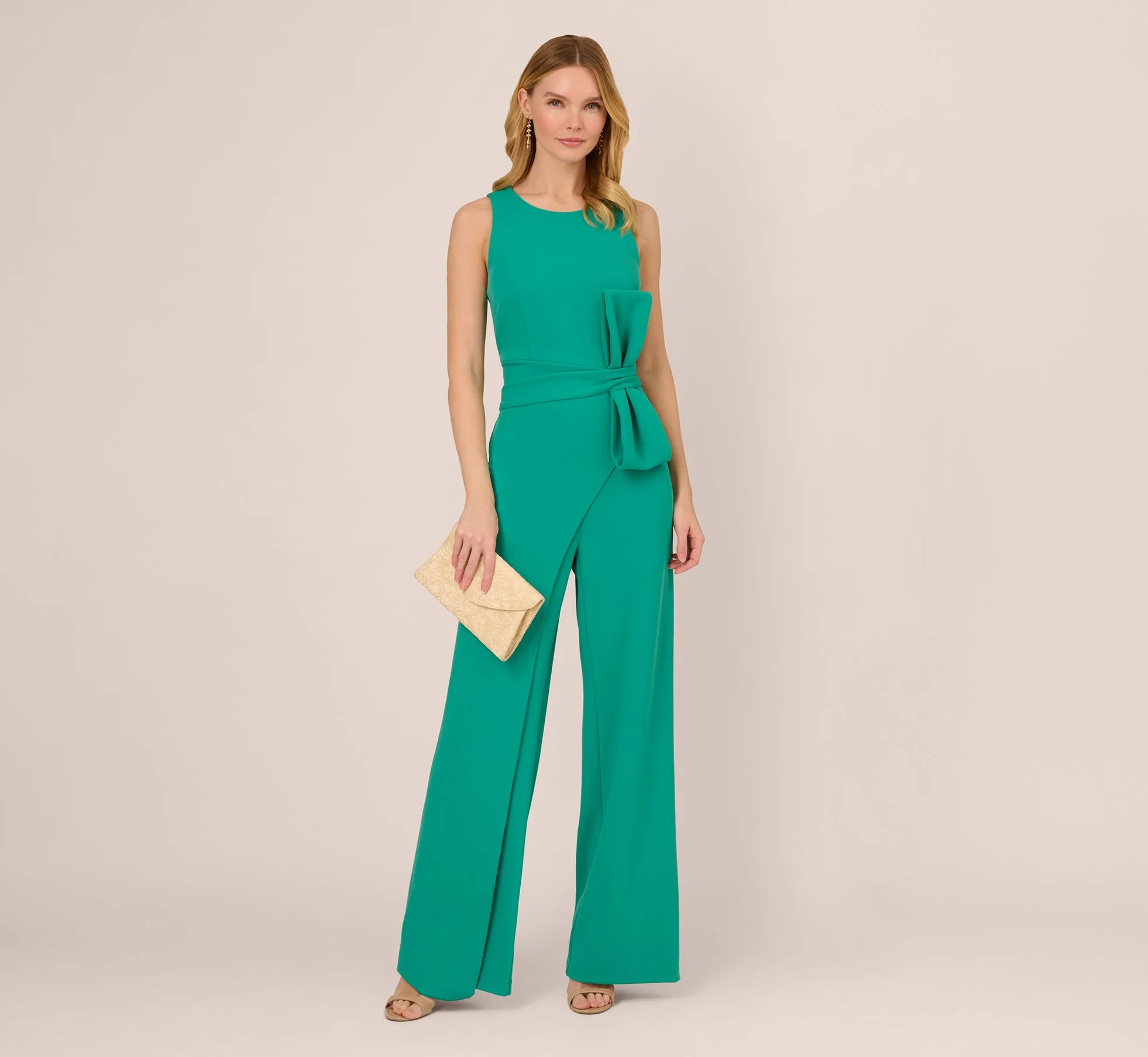 Wide Leg Crepe Jumpsuit With Bow Accent In Botanic Green sold by Adrianna Papell product image thumbnail 3