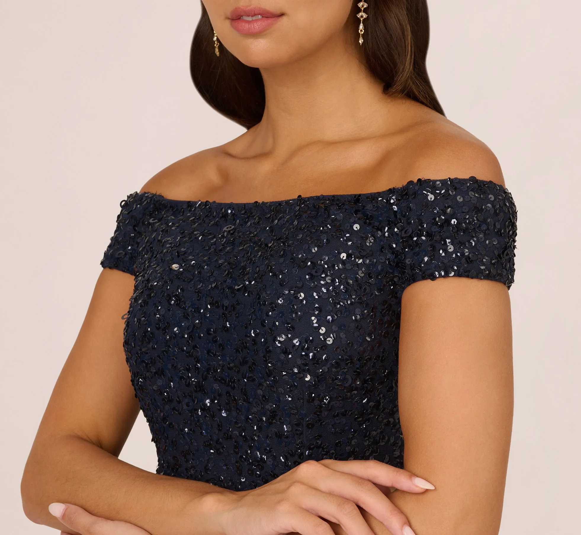 Off The Shoulder Sequin Beaded Gown In Navy sold by Adrianna Papell product image thumbnail 3
