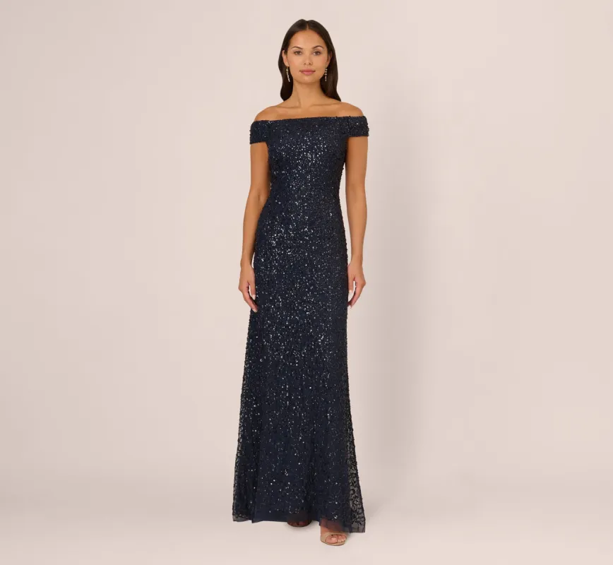 Off The Shoulder Sequin Beaded Gown In Navy sold by Adrianna Papell