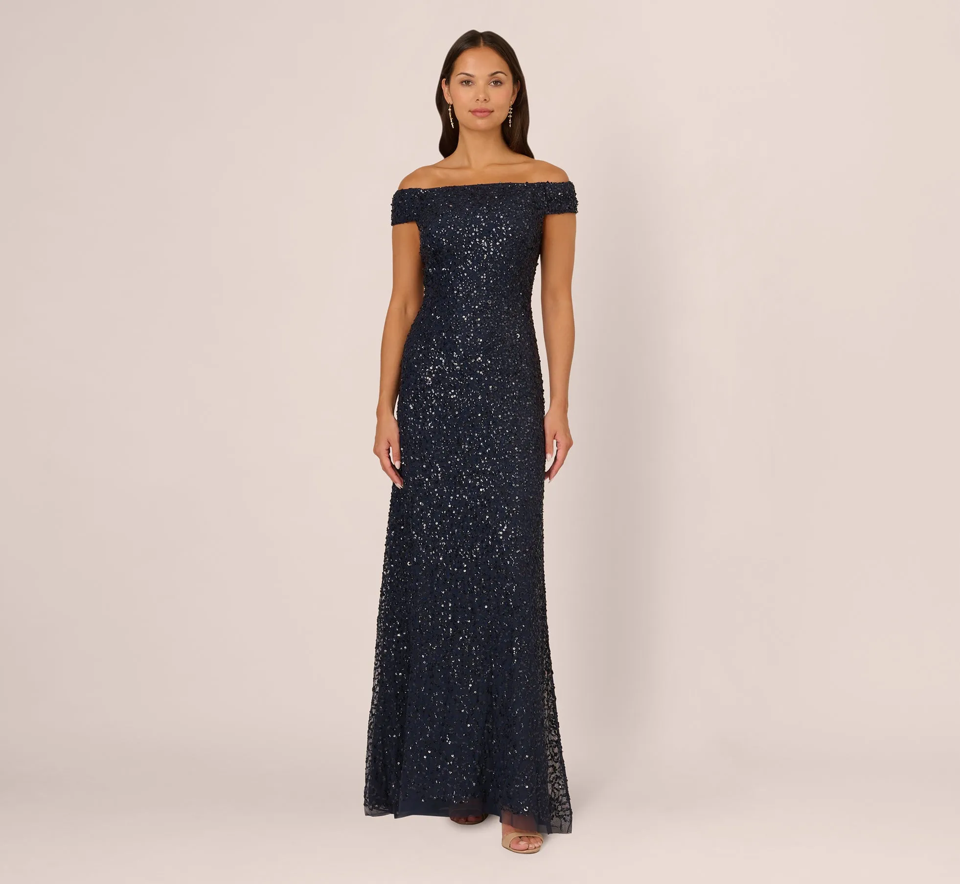 Off The Shoulder Sequin Beaded Gown In Navy sold by Adrianna Papell