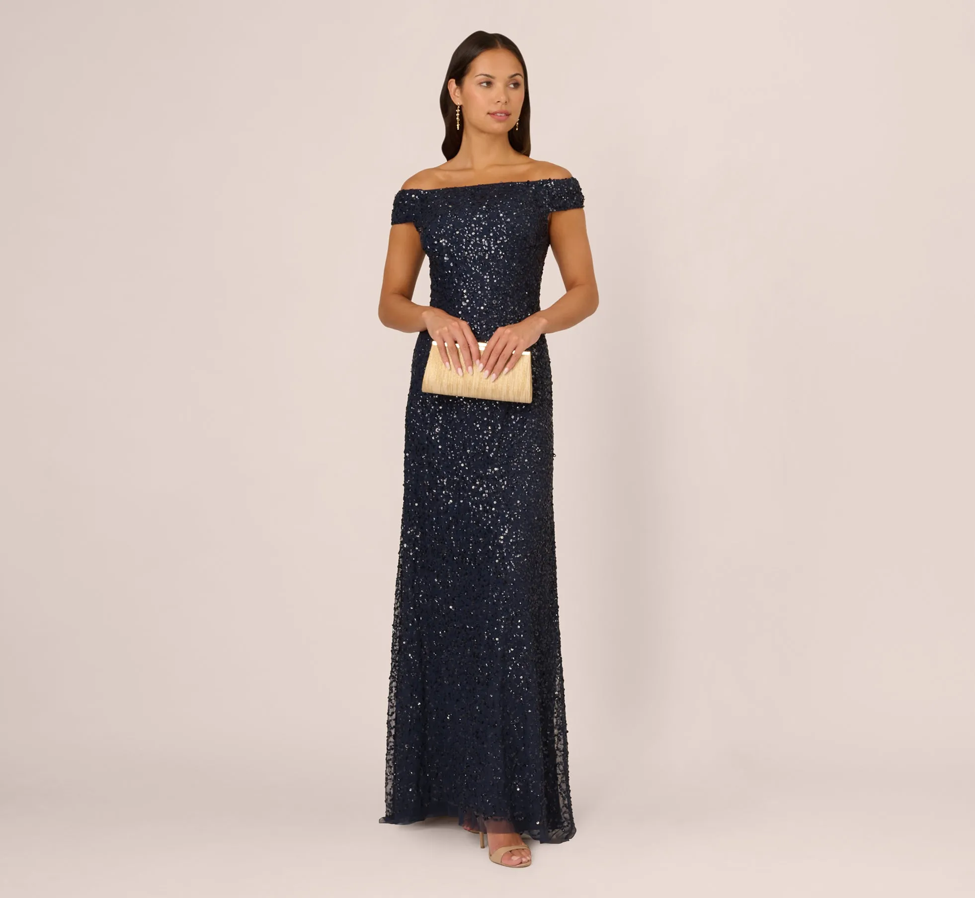 Off The Shoulder Sequin Beaded Gown In Navy sold by Adrianna Papell product image thumbnail 2