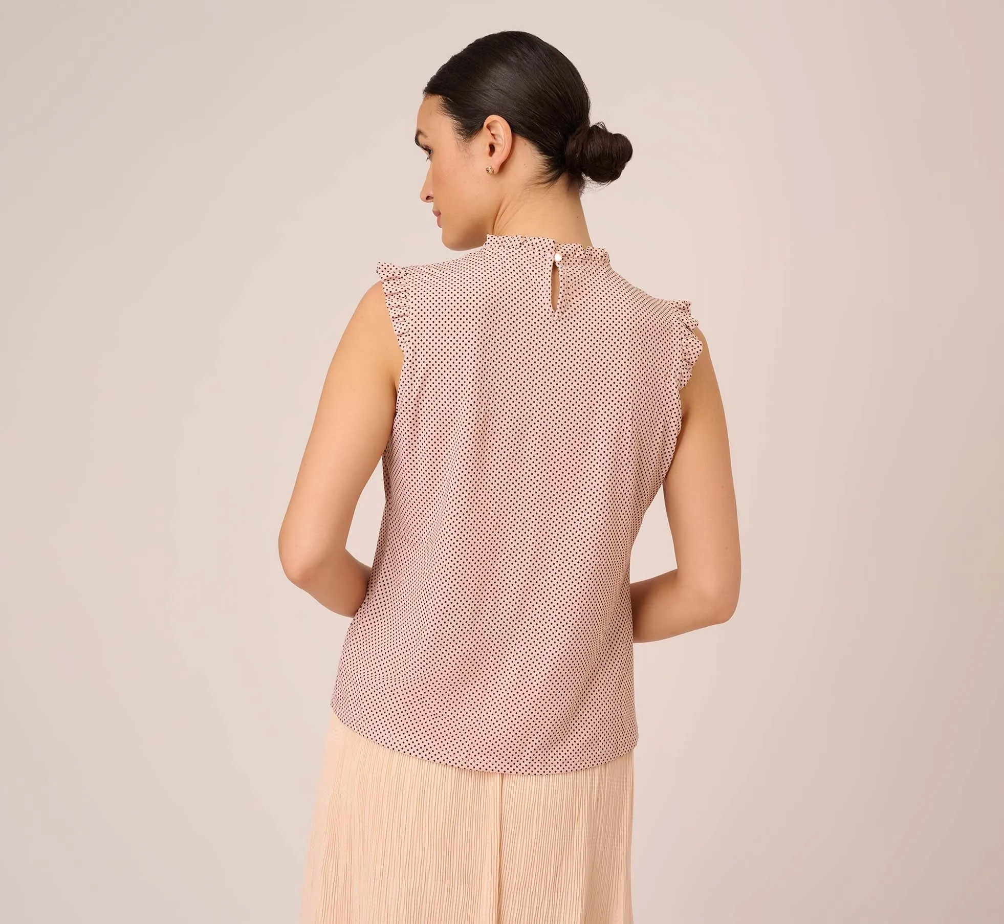 Dot Print Sleeveless Top With Ruffled Details In Champagne Small Dot sold by Adrianna Papell product image thumbnail 4