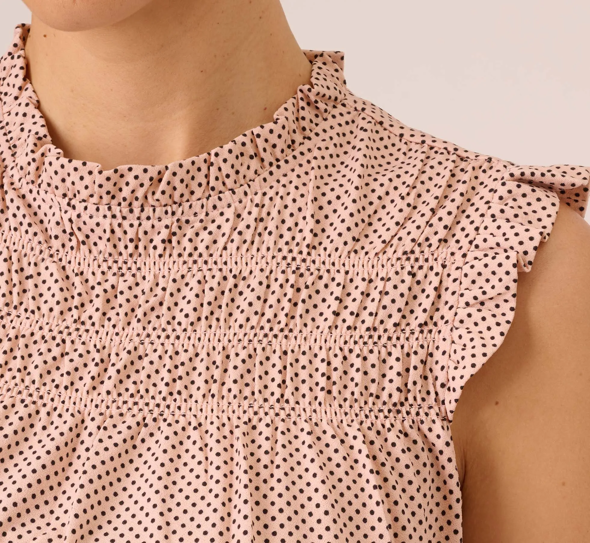 Dot Print Sleeveless Top With Ruffled Details In Champagne Small Dot sold by Adrianna Papell product image thumbnail 3
