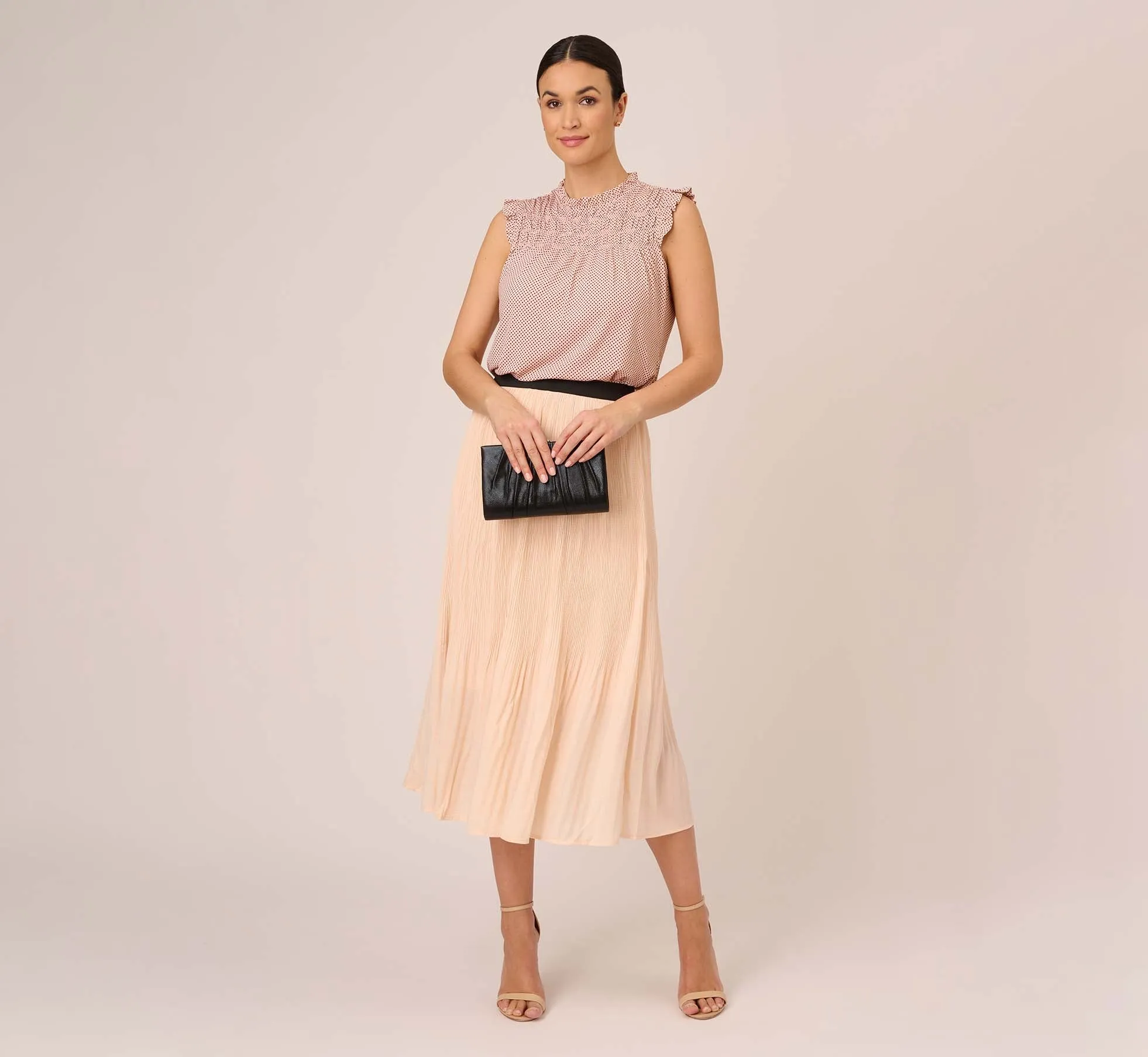 Dot Print Sleeveless Top With Ruffled Details In Champagne Small Dot sold by Adrianna Papell product image thumbnail 2