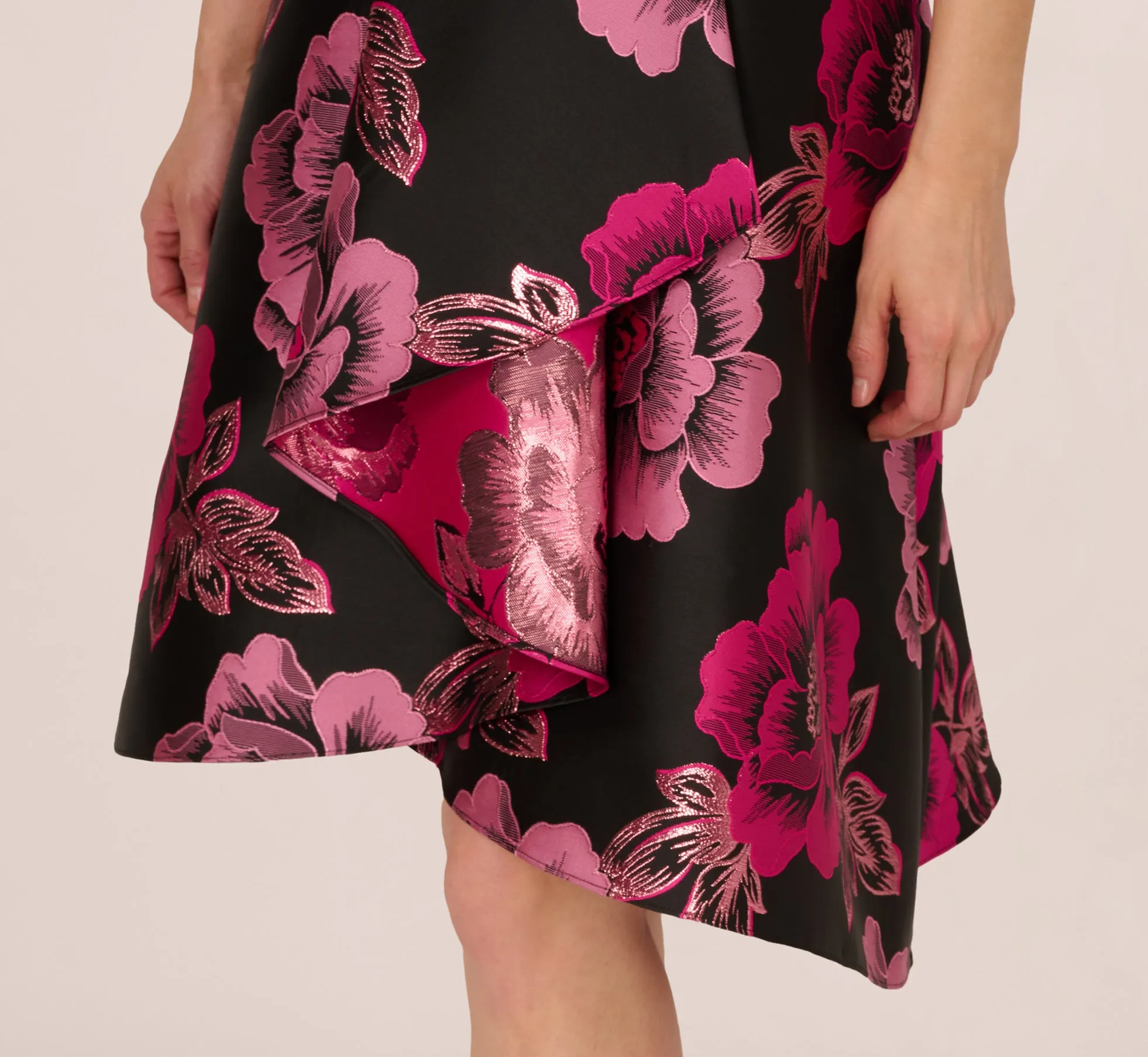 Floral Jacquard High Low Midi Dress With Asymmetrical Neckline In Black Pink sold by Adrianna Papell product image thumbnail 5