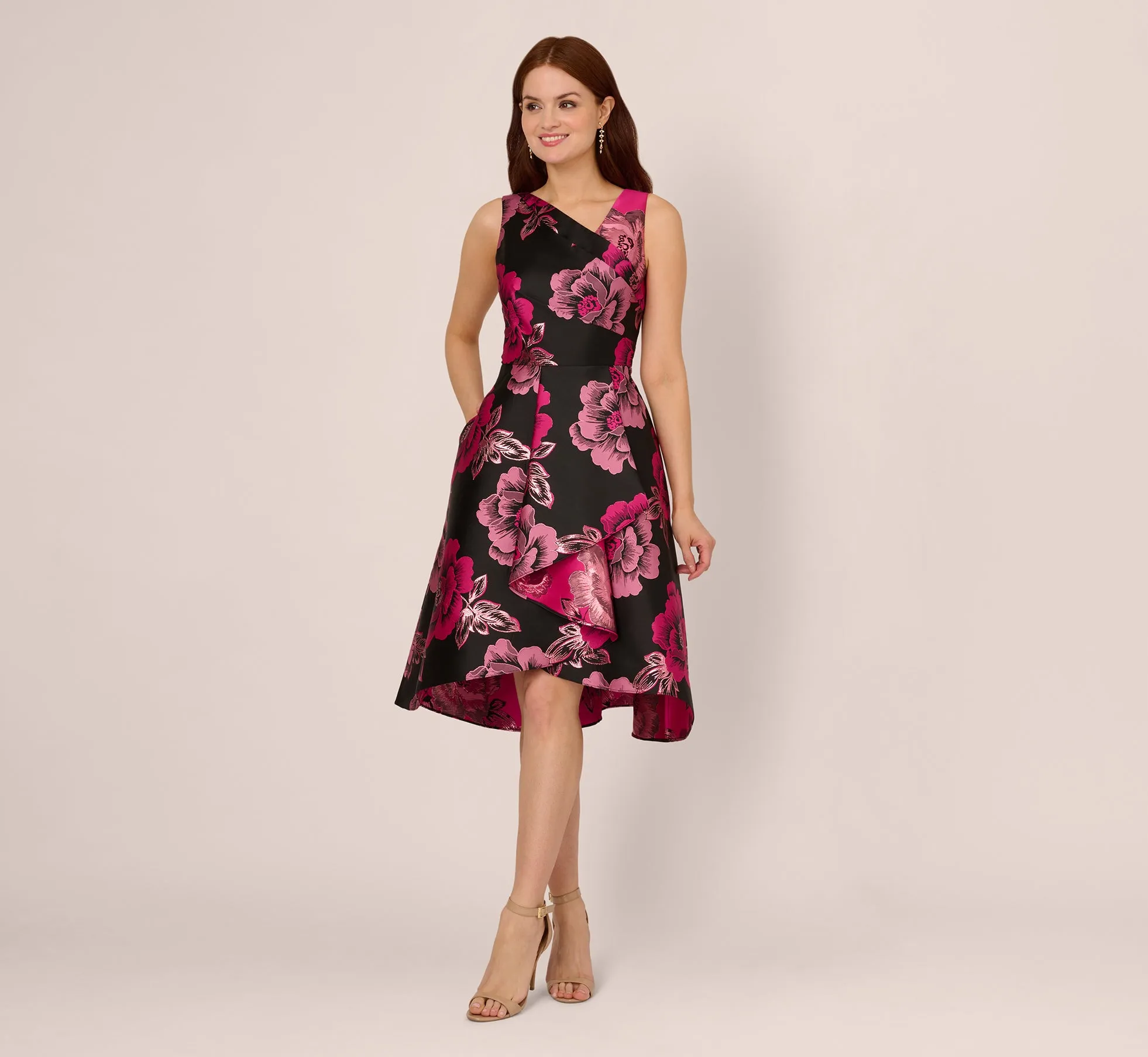 Floral Jacquard High Low Midi Dress With Asymmetrical Neckline In Black Pink sold by Adrianna Papell