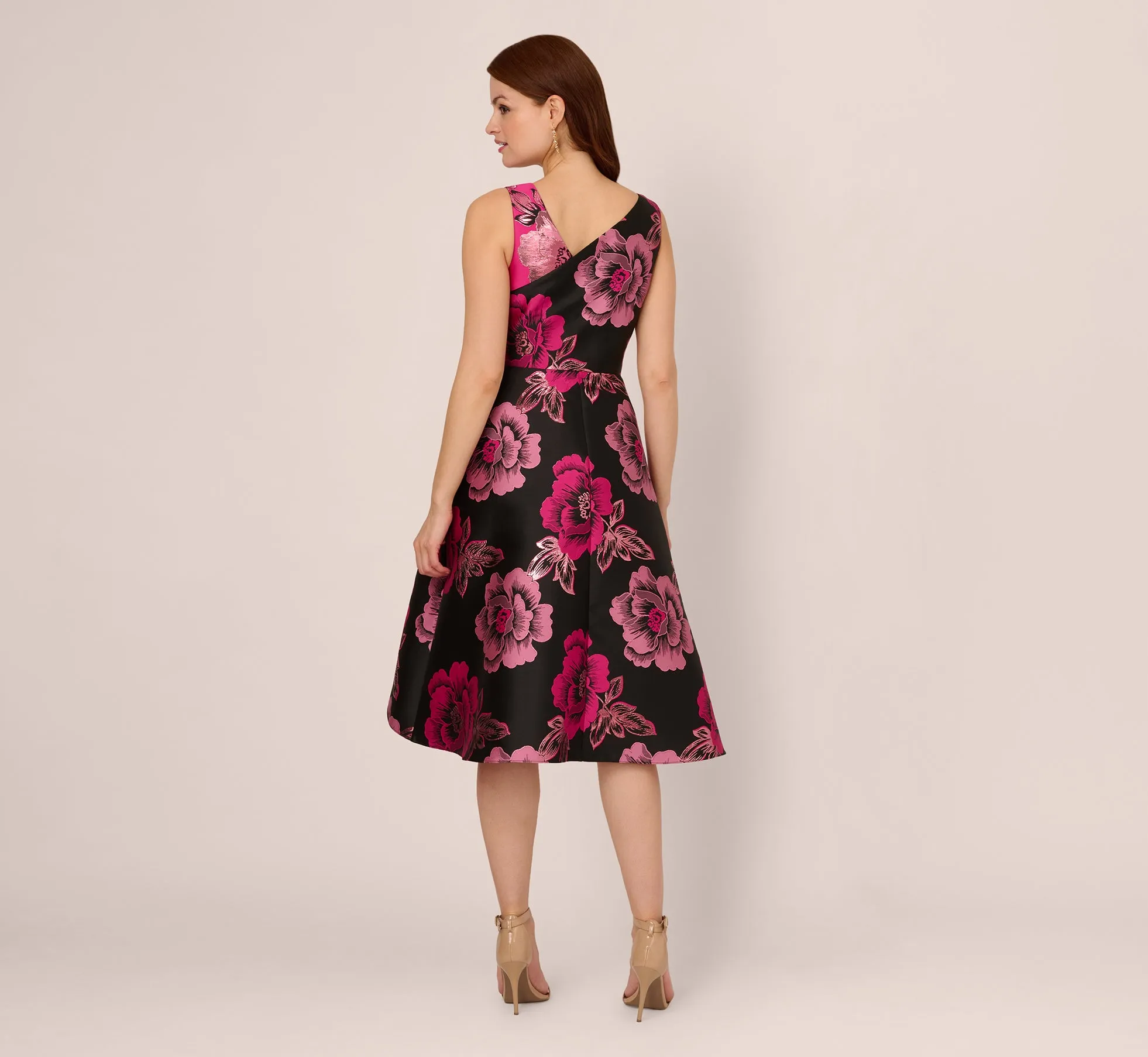 Floral Jacquard High Low Midi Dress With Asymmetrical Neckline In Black Pink sold by Adrianna Papell product image thumbnail 4