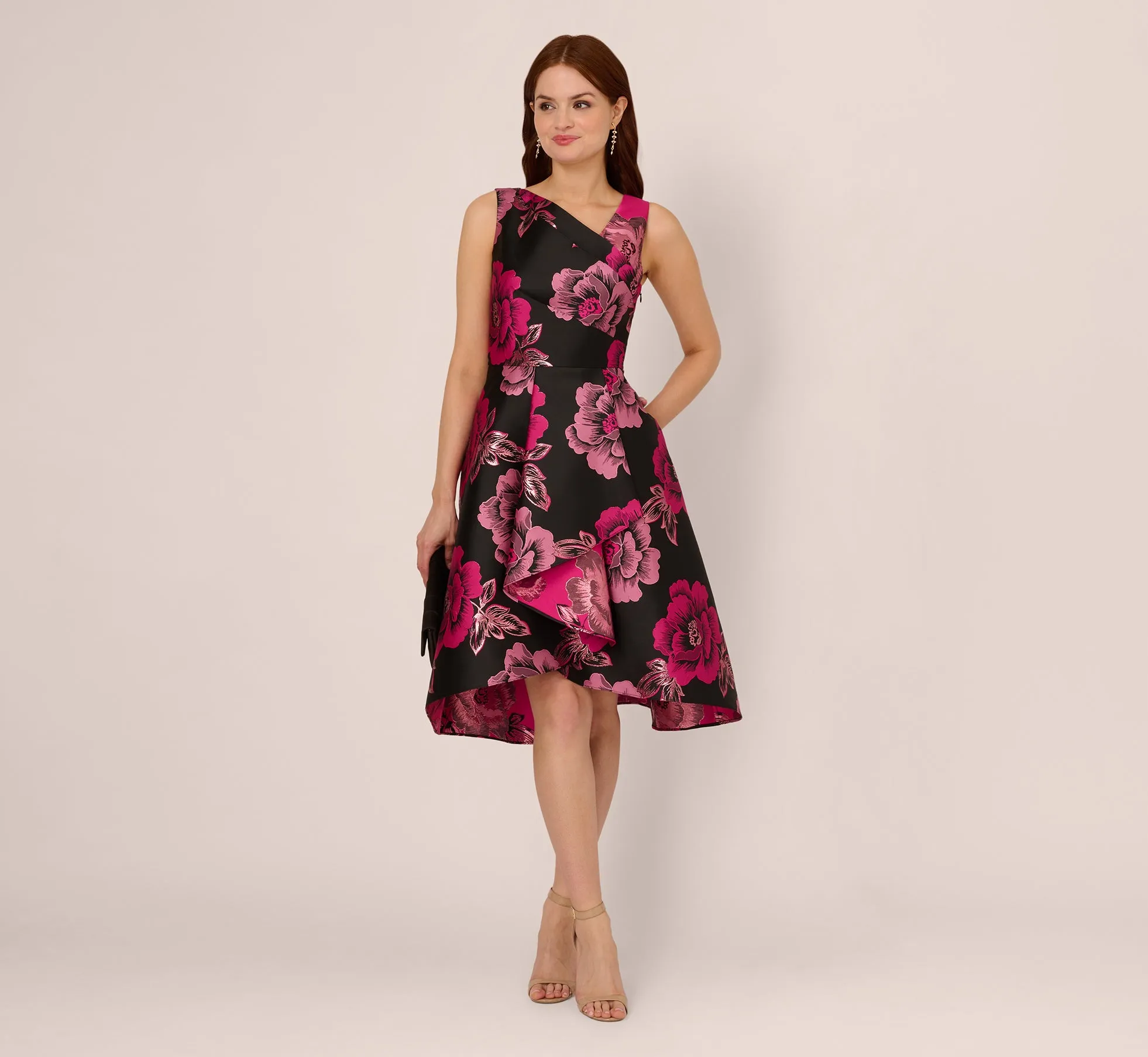 Floral Jacquard High Low Midi Dress With Asymmetrical Neckline In Black Pink sold by Adrianna Papell product image thumbnail 2