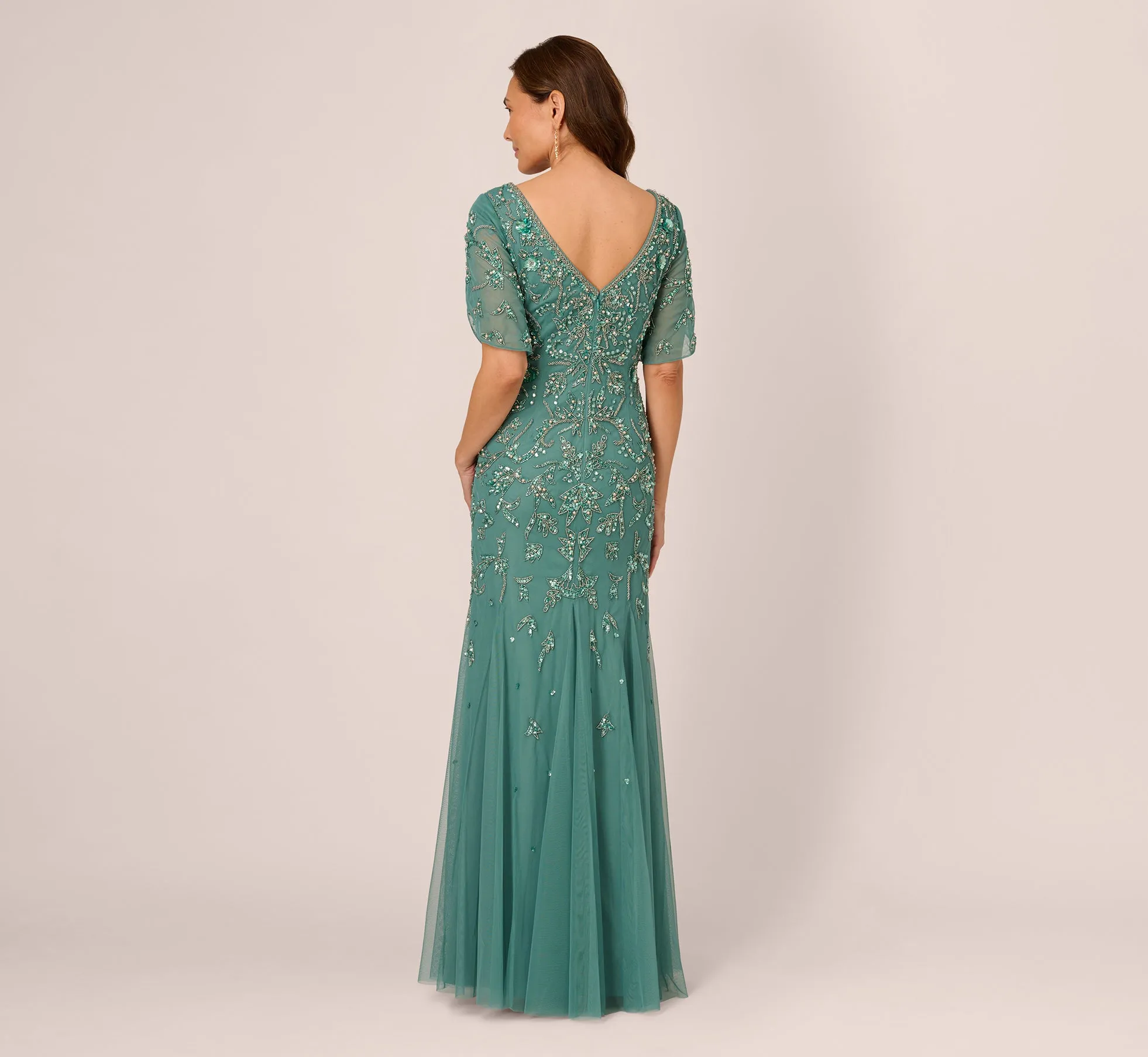 Beaded Mermaid Gown With Sheer Petal Sleeves In Green Slate sold by Adrianna Papell product image thumbnail 5