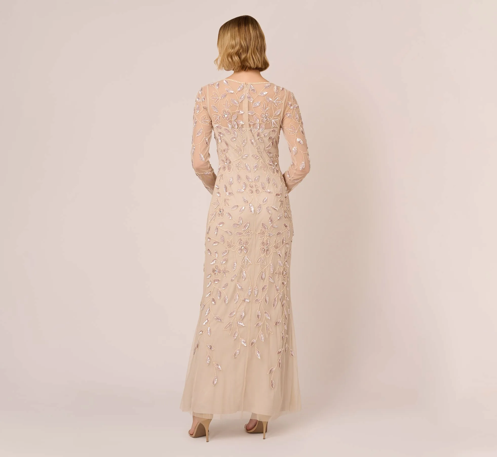 Illusion Floral Beaded Gown With Sheer Long Sleeves In Latte sold by Adrianna Papell product image thumbnail 4