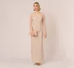 Illusion Floral Beaded Gown With Sheer Long Sleeves In Latte sold by Adrianna Papell