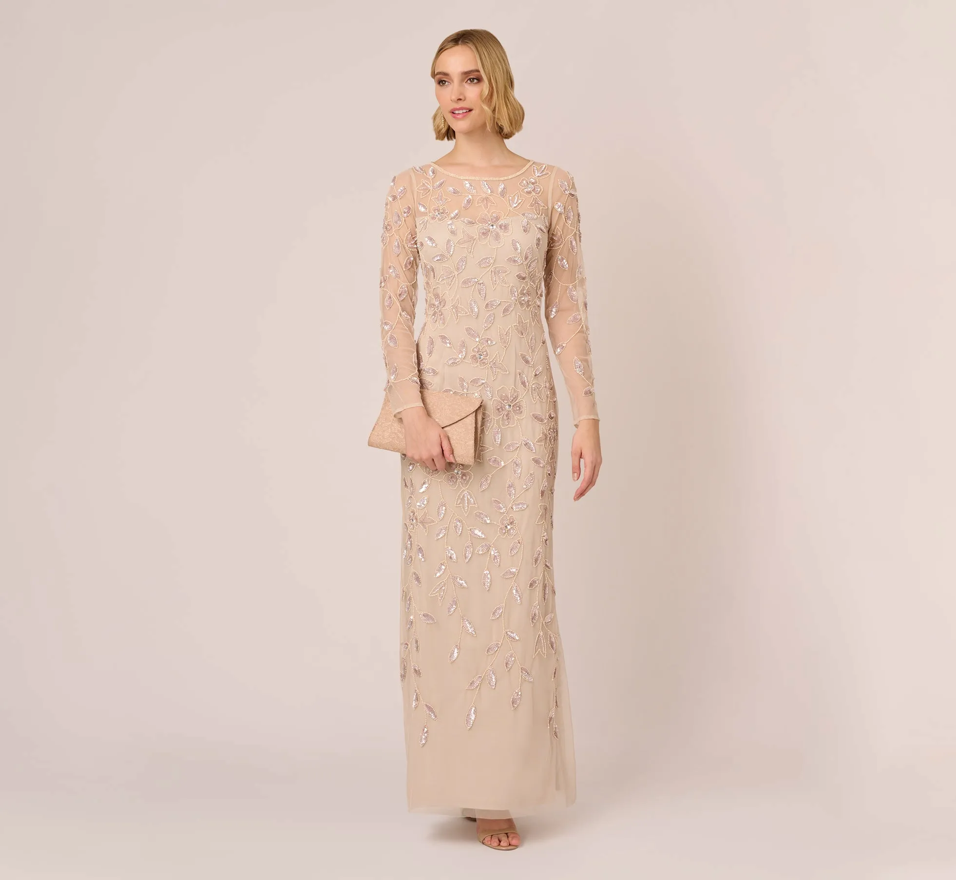 Illusion Floral Beaded Gown With Sheer Long Sleeves In Latte sold by Adrianna Papell product image thumbnail 2