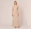 Illusion Floral Beaded Gown With Sheer Long Sleeves In Latte sold by Adrianna Papell