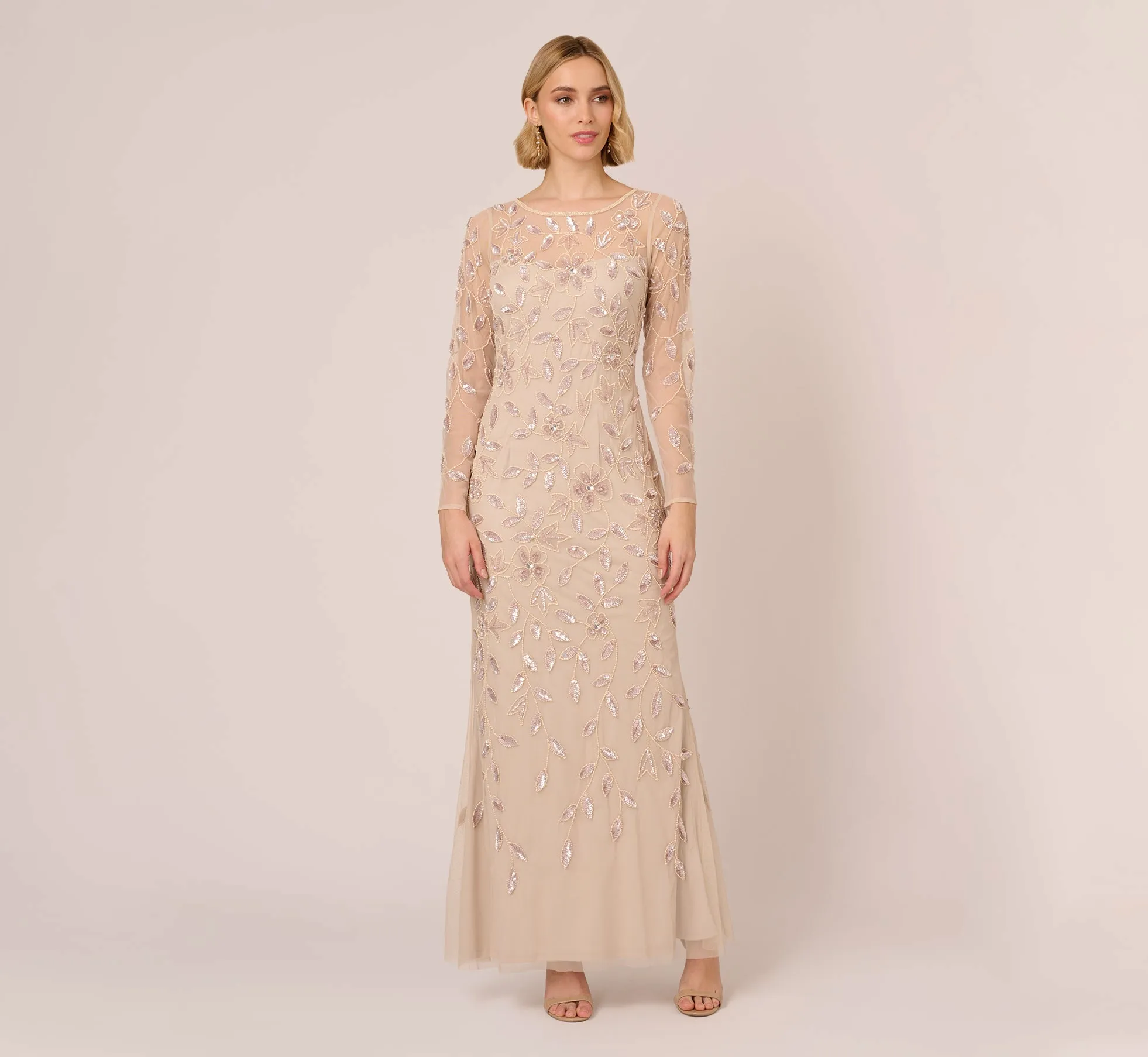 Illusion Floral Beaded Gown With Sheer Long Sleeves In Latte sold by Adrianna Papell