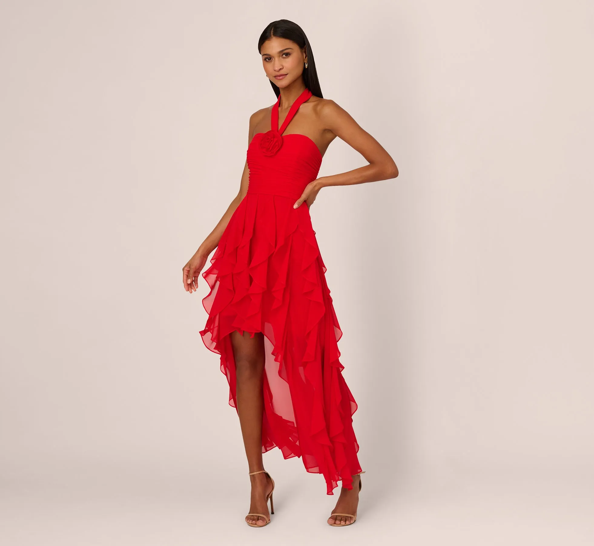 High Low Halter Dress With 3D Floral Accent In Red Desire sold by Adrianna Papell
