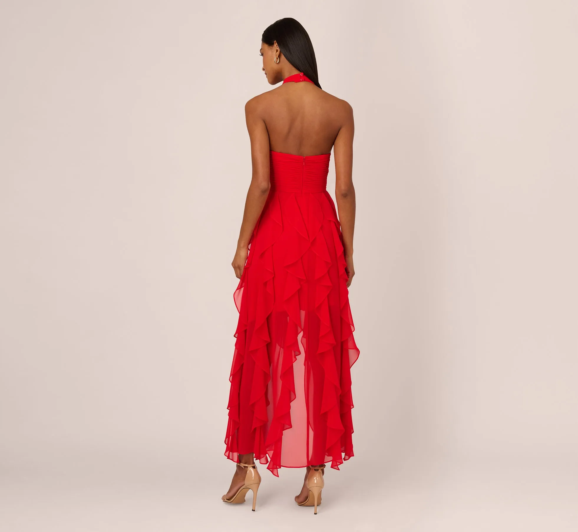 High Low Halter Dress With 3D Floral Accent In Red Desire sold by Adrianna Papell product image thumbnail 4