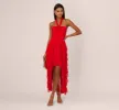High Low Halter Dress With 3D Floral Accent In Red Desire sold by Adrianna Papell