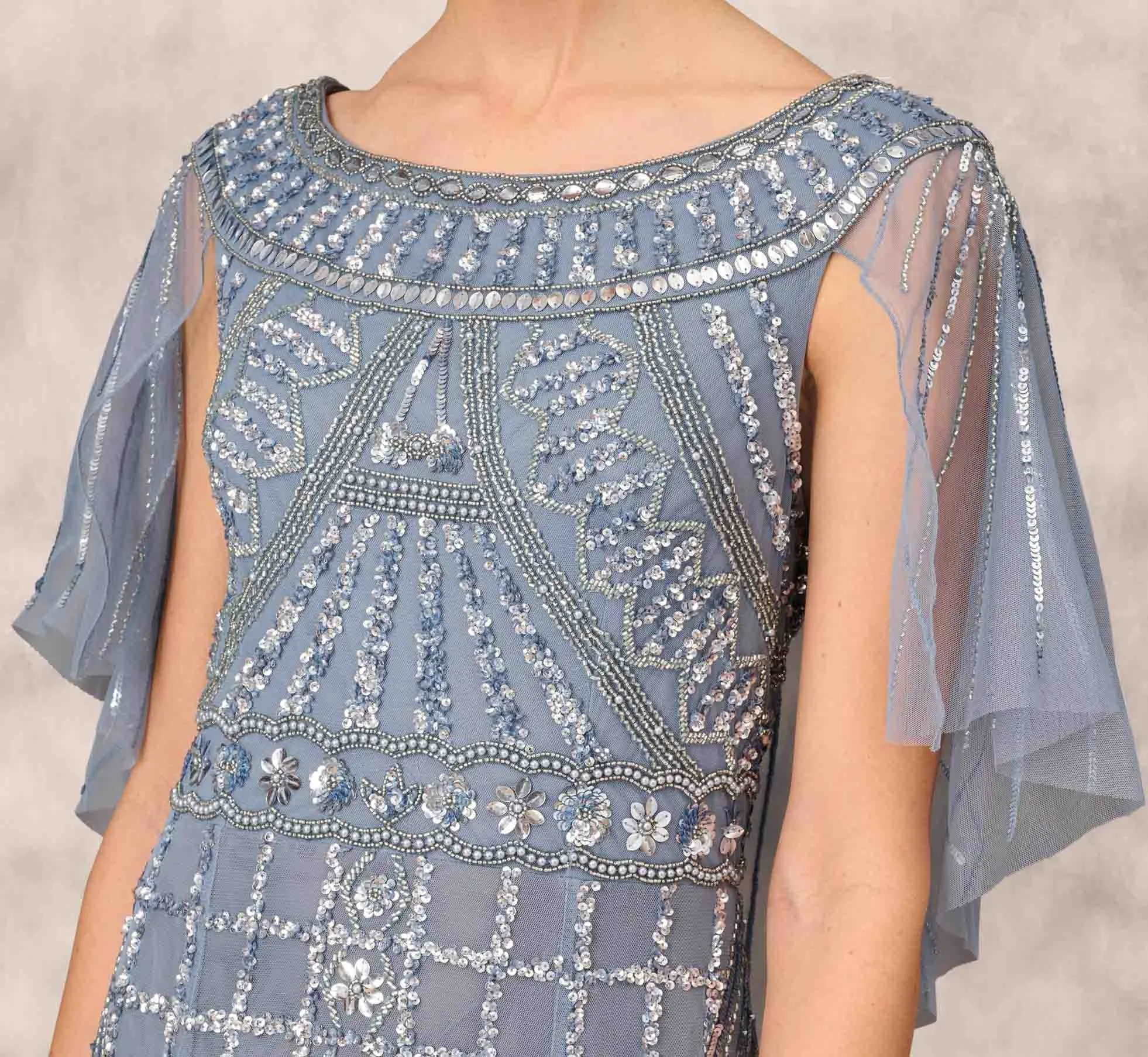 Beaded Ball Gown With Cape Sleeves In Vintage Blue sold by Adrianna Papell product image thumbnail 5