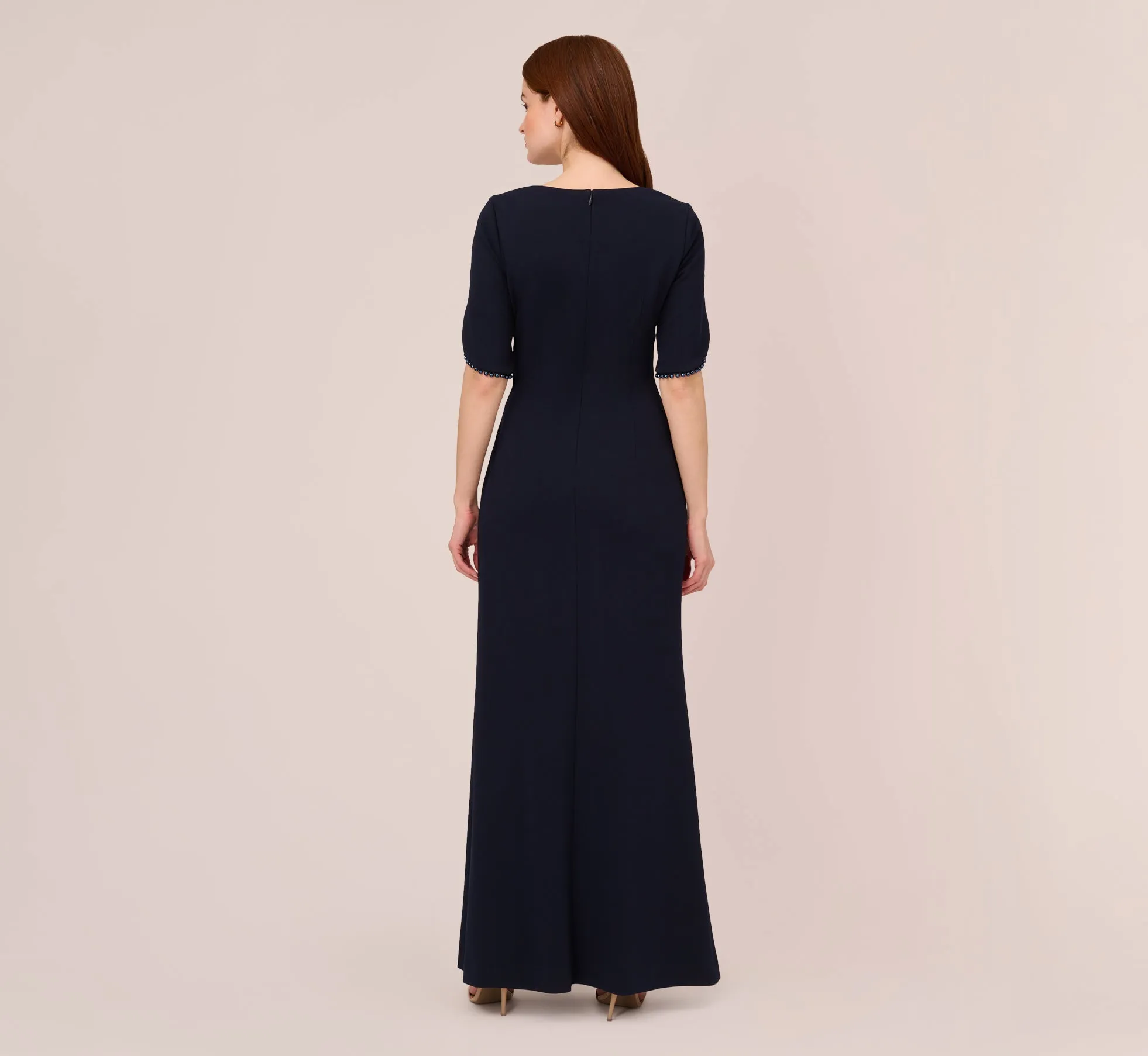 Crepe Mermaid Gown With Pearl Trim Short Sleeves In Midnight sold by Adrianna Papell product image thumbnail 4