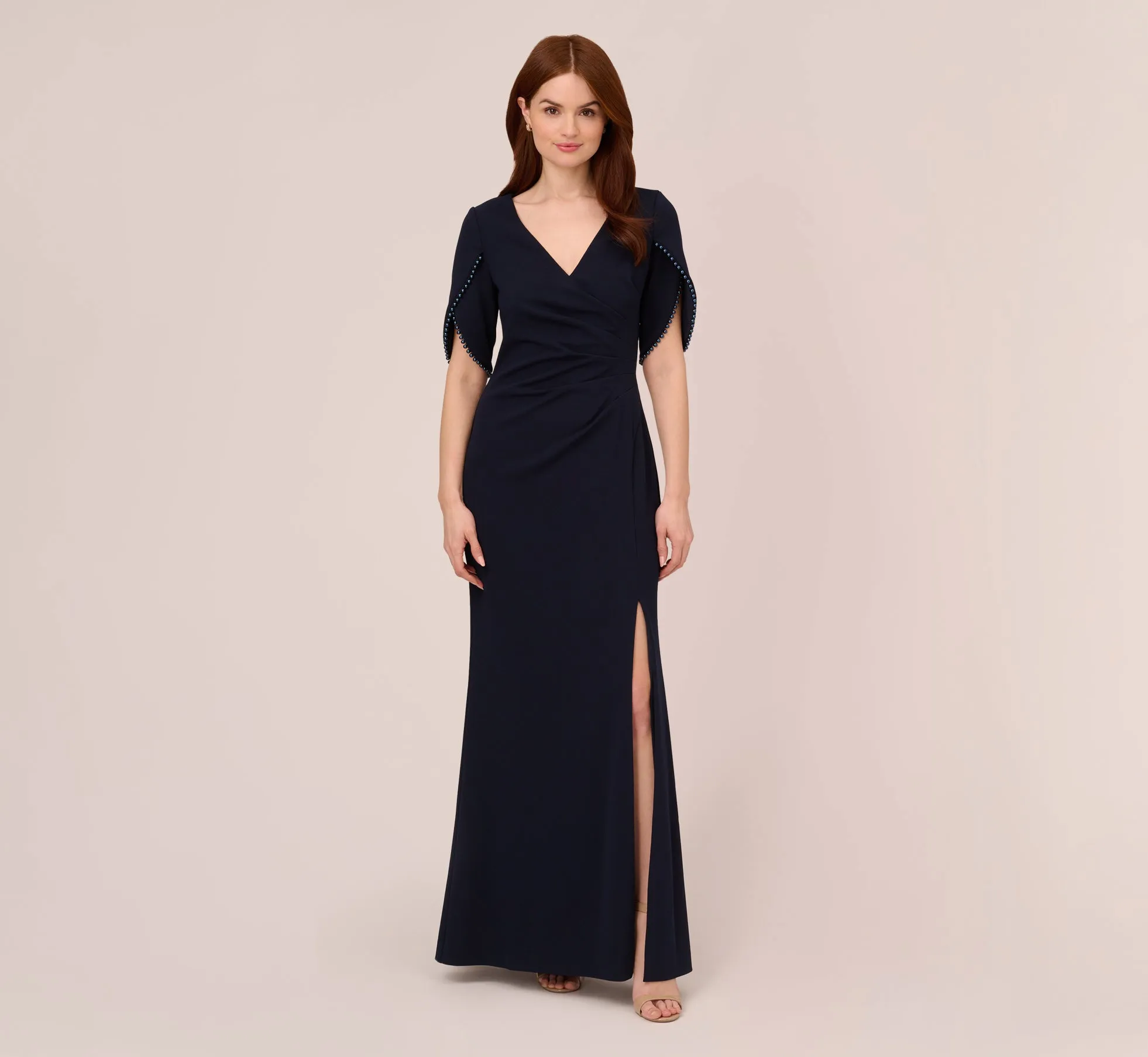 Crepe Mermaid Gown With Pearl Trim Short Sleeves In Midnight sold by Adrianna Papell product image thumbnail 2