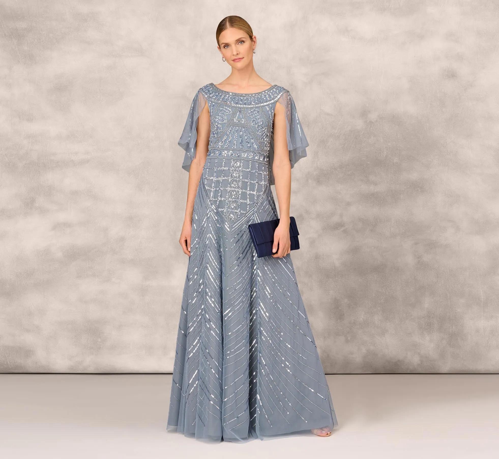Beaded Ball Gown With Cape Sleeves In Vintage Blue sold by Adrianna Papell product image thumbnail 2