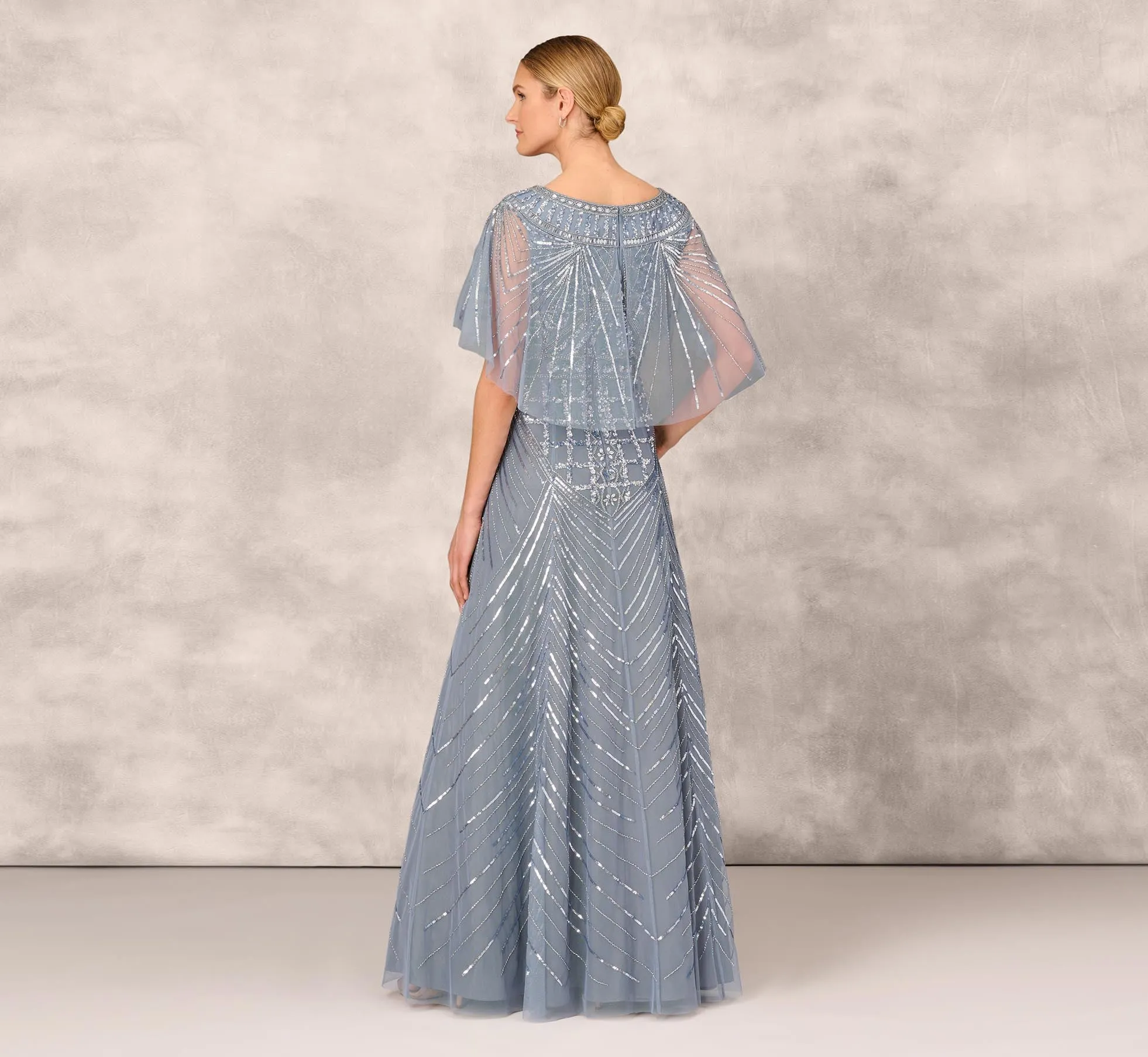 Beaded Ball Gown With Cape Sleeves In Vintage Blue sold by Adrianna Papell product image thumbnail 4