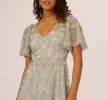Beaded Midi Dress With Sheer Ruffled Sleeves In Frosted Sage sold by Adrianna Papell