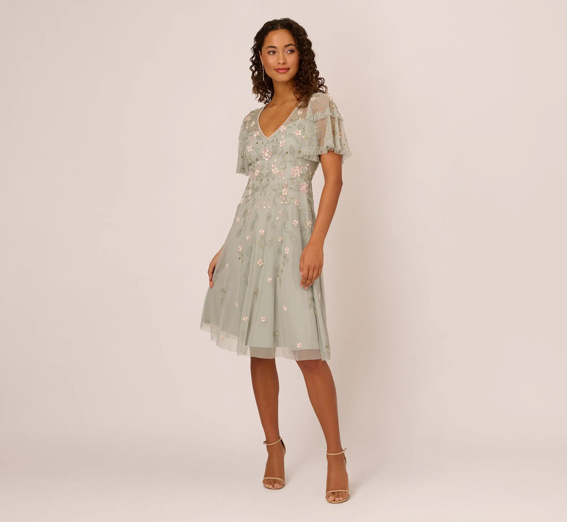 Beaded Midi Dress With Sheer Ruffled Sleeves In Frosted Sage sold by Adrianna Papell