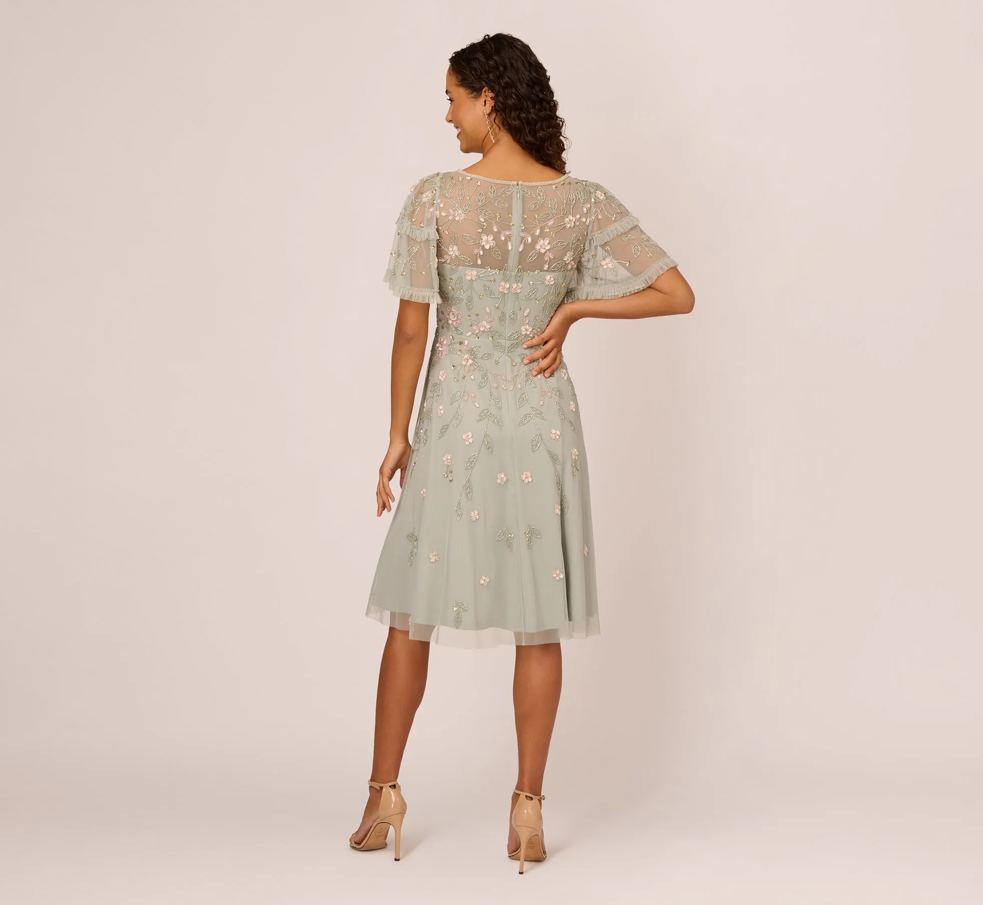 Beaded Midi Dress With Sheer Ruffled Sleeves In Frosted Sage sold by Adrianna Papell product image thumbnail 4