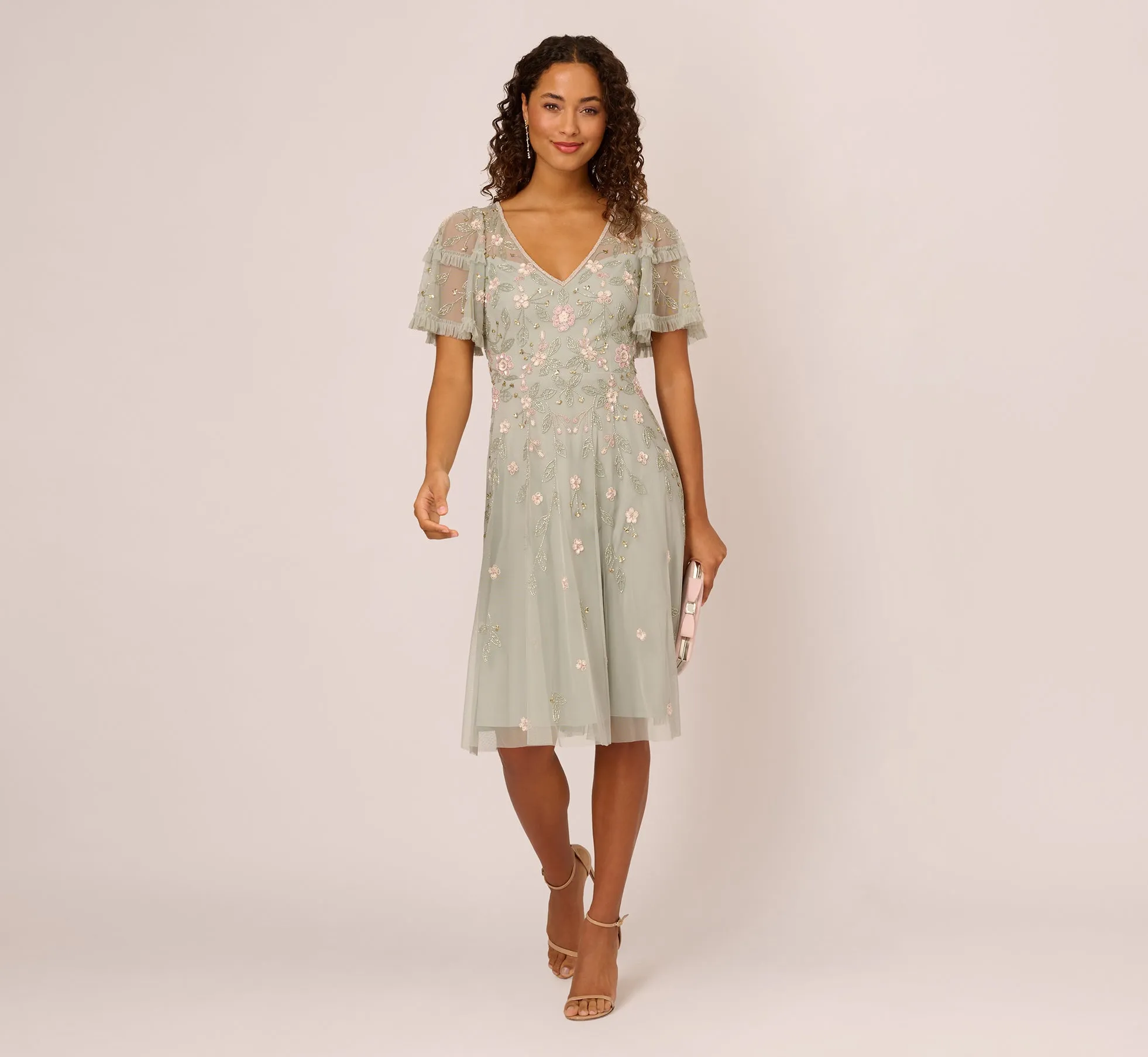 Beaded Midi Dress With Sheer Ruffled Sleeves In Frosted Sage sold by Adrianna Papell product image thumbnail 2