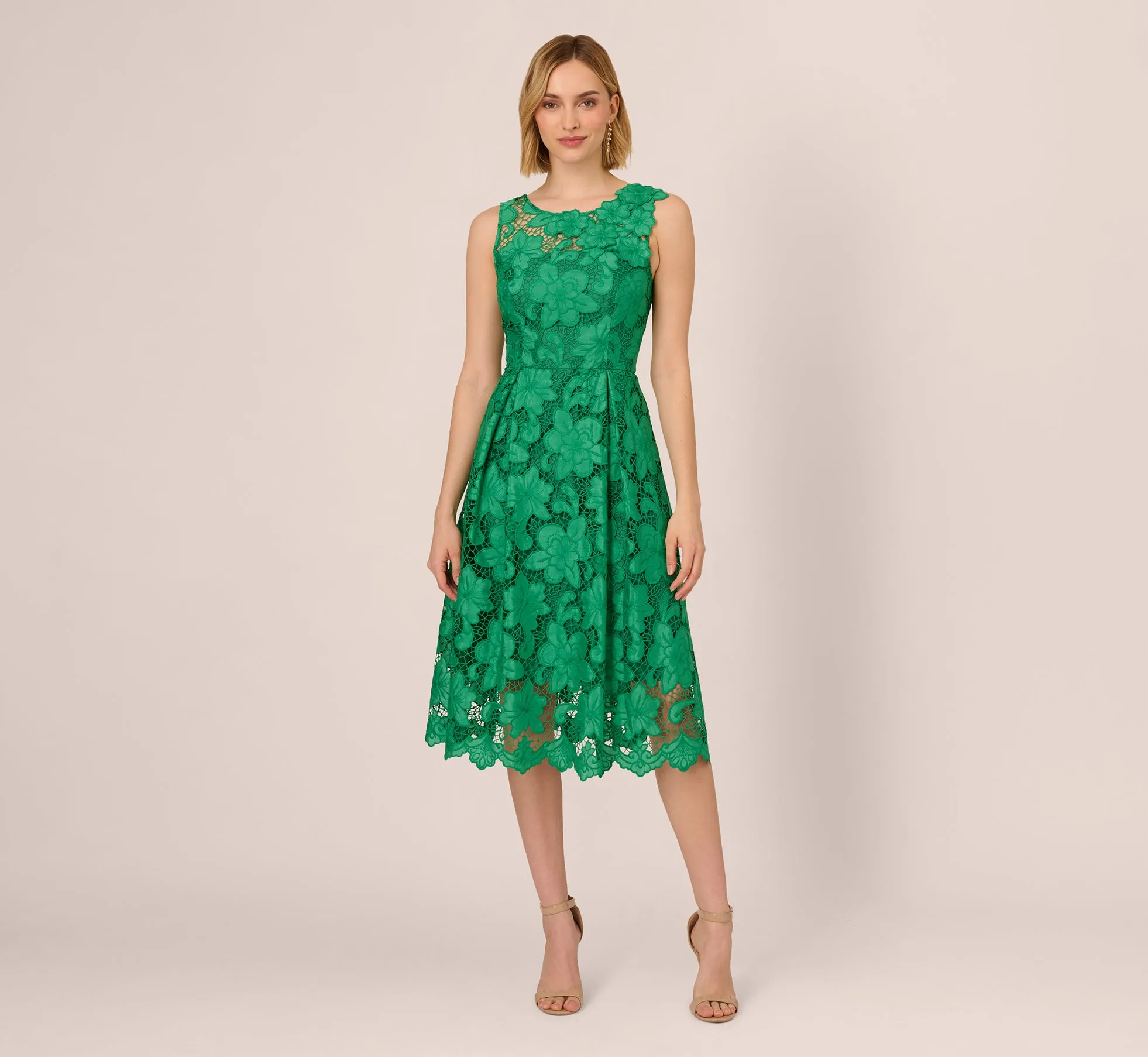 Lace Sleeveless Midi Dress With Sheer Neck And Hem In Green sold by Adrianna Papell