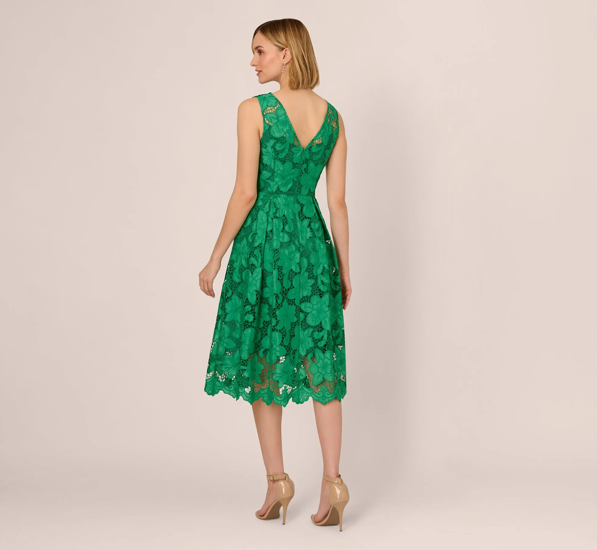 Lace Sleeveless Midi Dress With Sheer Neck And Hem In Green sold by Adrianna Papell product image thumbnail 4