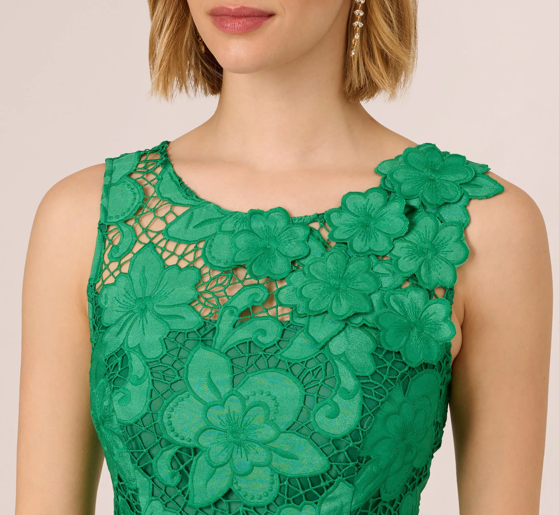 Lace Sleeveless Midi Dress With Sheer Neck And Hem In Green sold by Adrianna Papell product image thumbnail 3