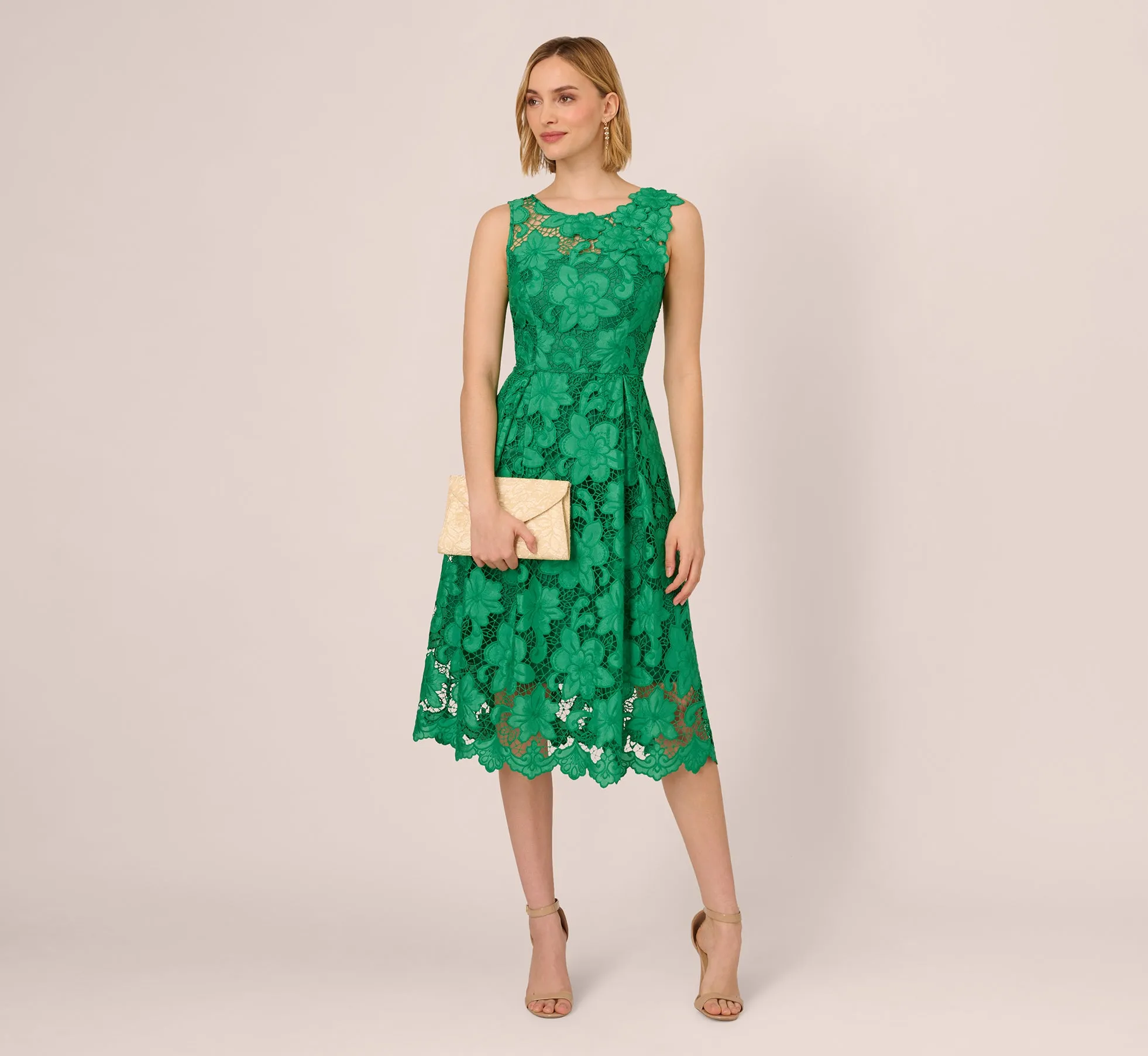 Lace Sleeveless Midi Dress With Sheer Neck And Hem In Green sold by Adrianna Papell product image thumbnail 2