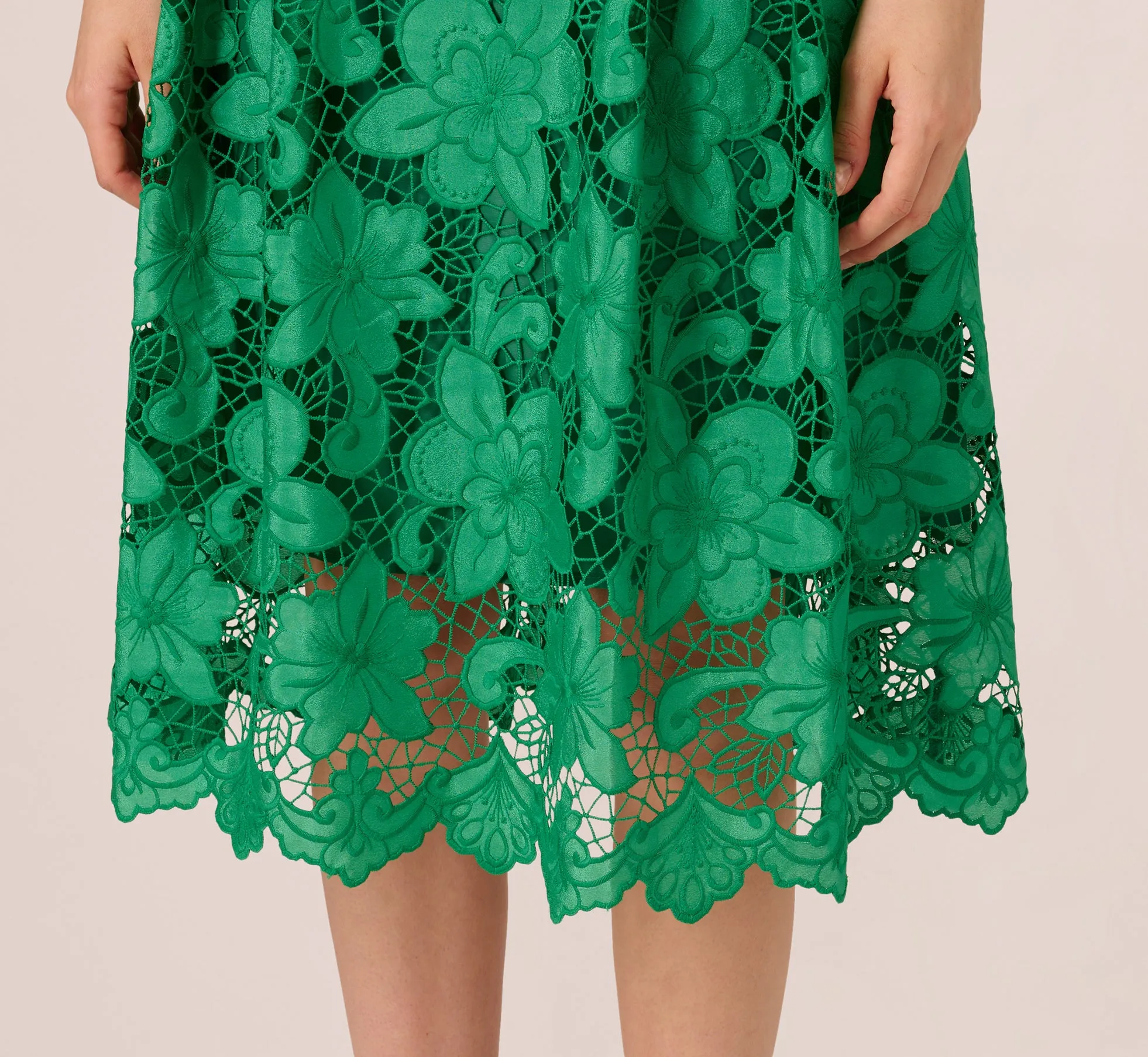 Lace Sleeveless Midi Dress With Sheer Neck And Hem In Green sold by Adrianna Papell product image thumbnail 5