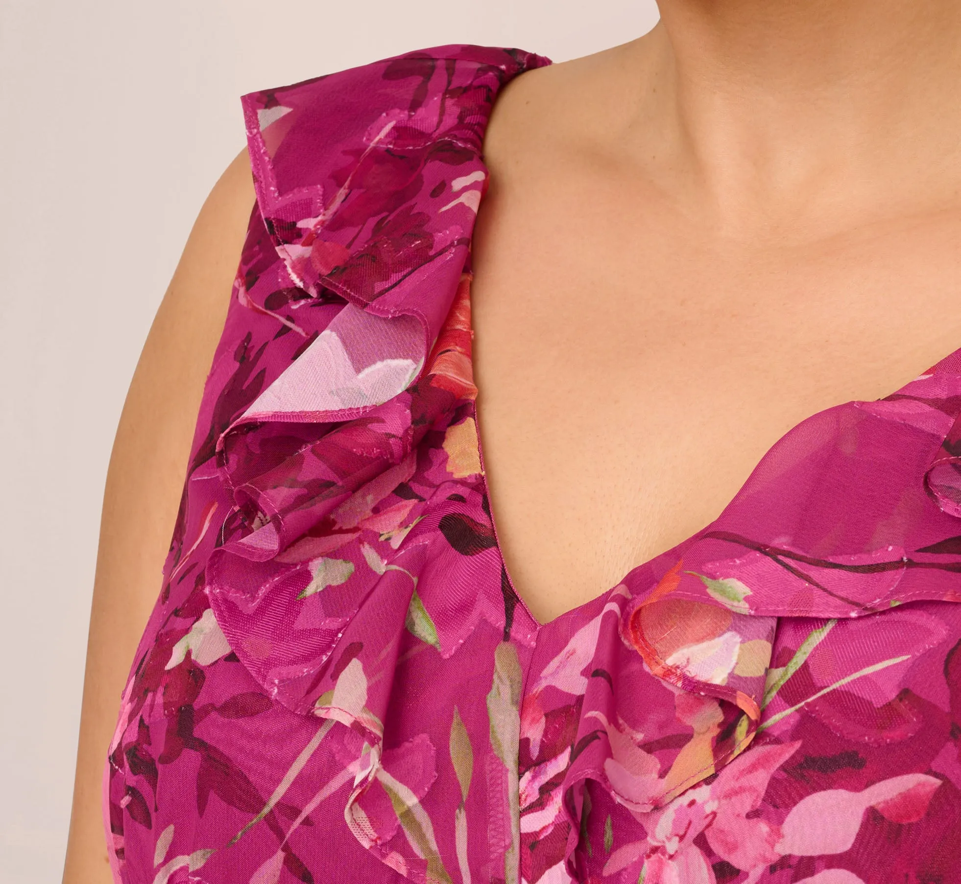 Plus Size Metallic Floral Chiffon Midi Dress With Ruffled Neckline In Raspberry Multi sold by Adrianna Papell product image thumbnail 5