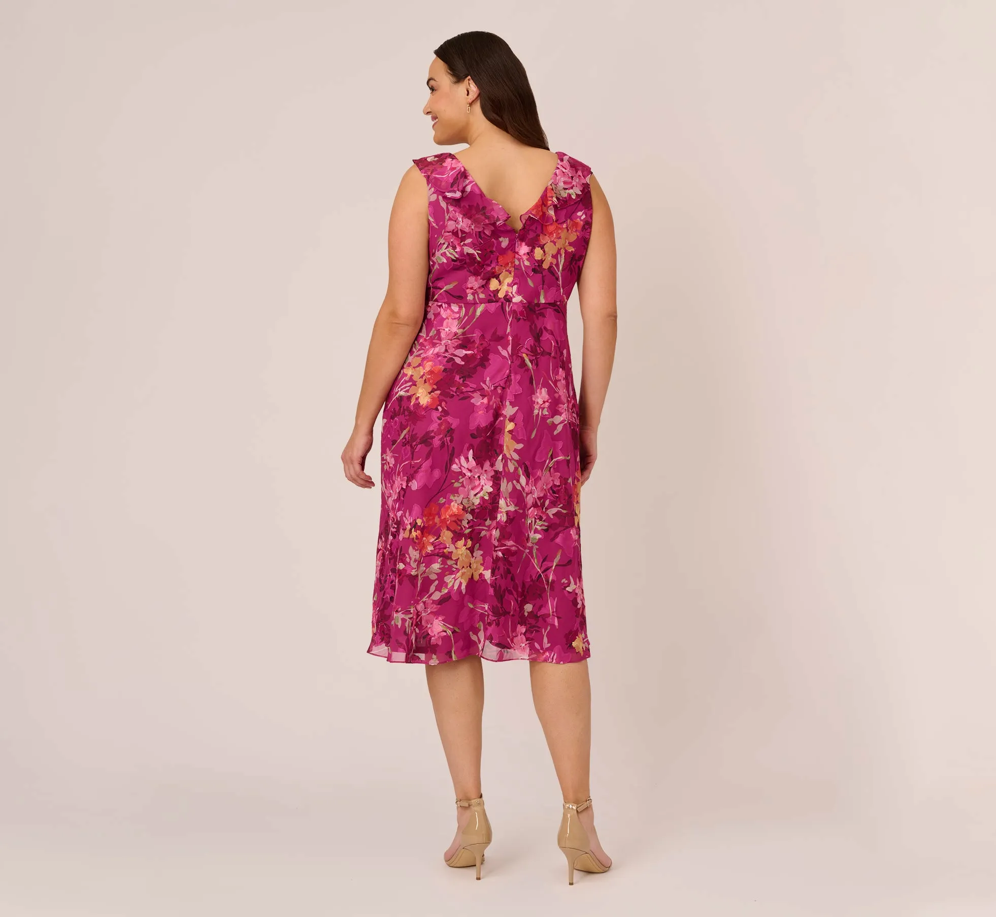 Plus Size Metallic Floral Chiffon Midi Dress With Ruffled Neckline In Raspberry Multi sold by Adrianna Papell product image thumbnail 4