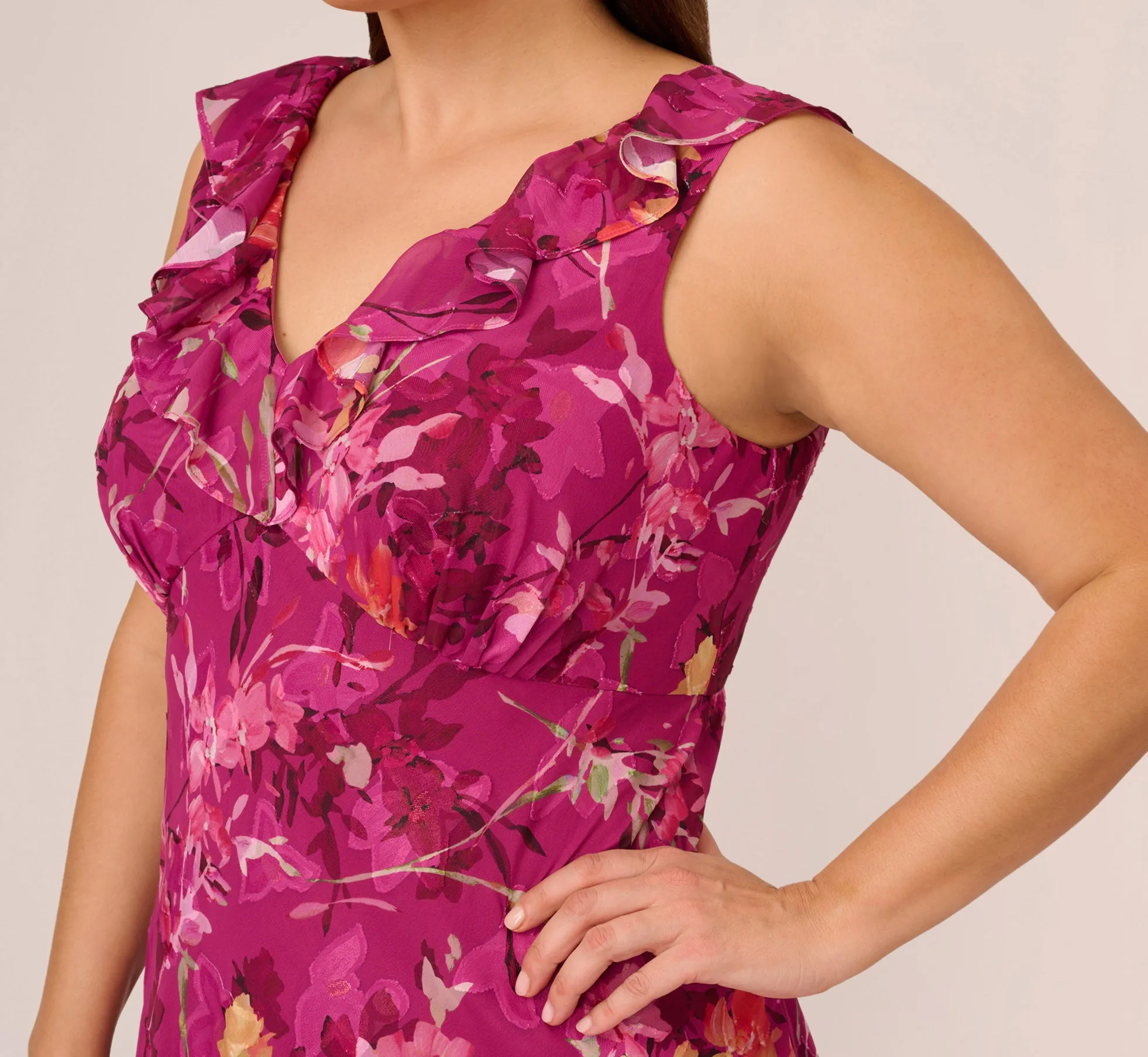 Plus Size Metallic Floral Chiffon Midi Dress With Ruffled Neckline In Raspberry Multi sold by Adrianna Papell product image thumbnail 3