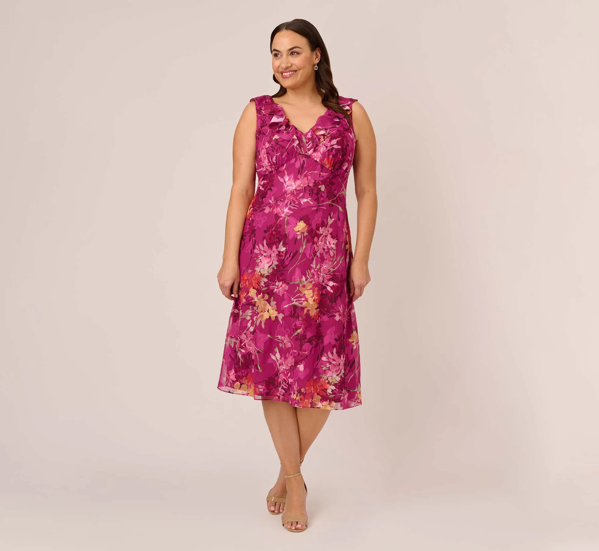 Plus Size Metallic Floral Chiffon Midi Dress With Ruffled Neckline In Raspberry Multi sold by Adrianna Papell
