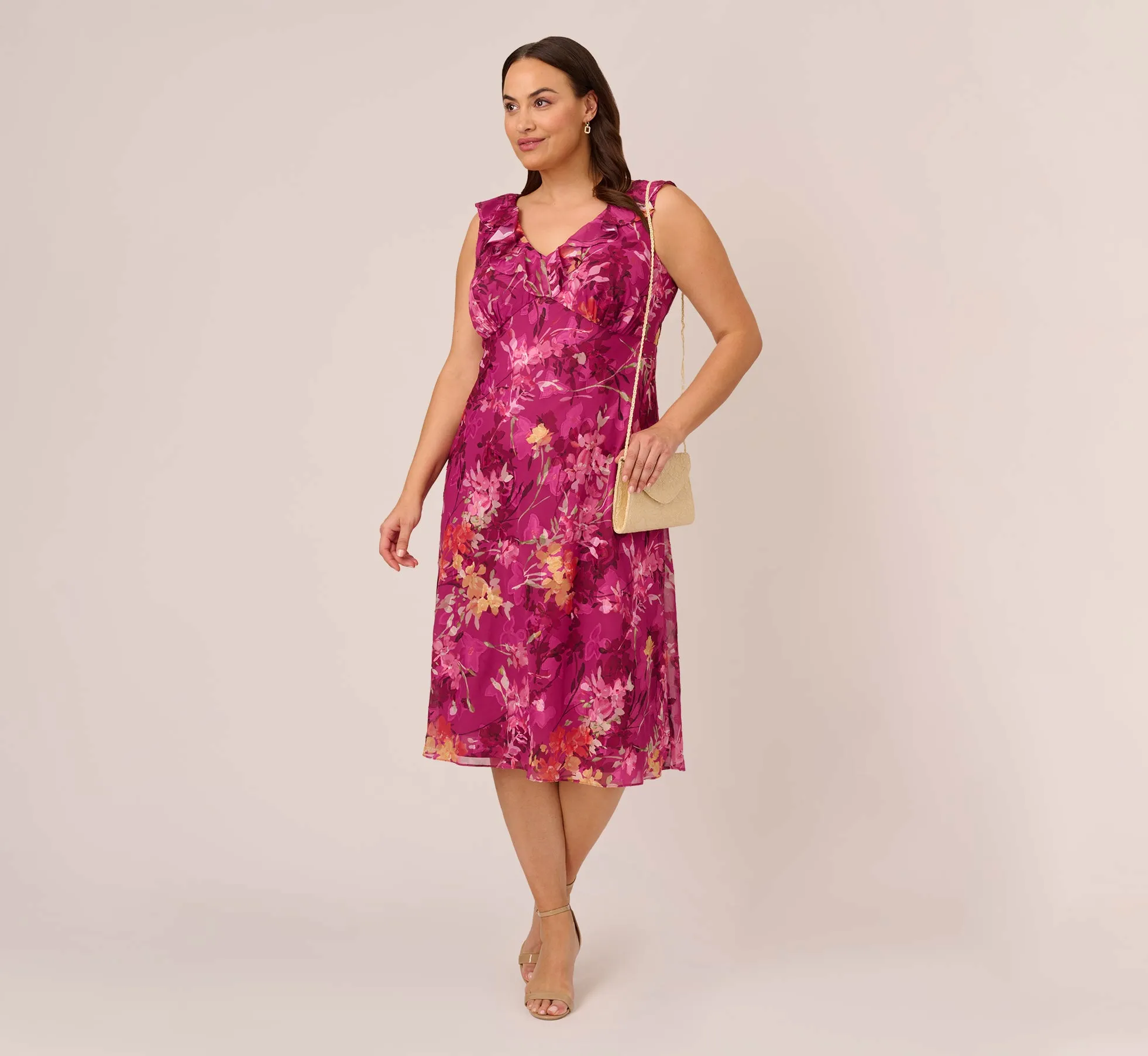 Plus Size Metallic Floral Chiffon Midi Dress With Ruffled Neckline In Raspberry Multi sold by Adrianna Papell product image thumbnail 2