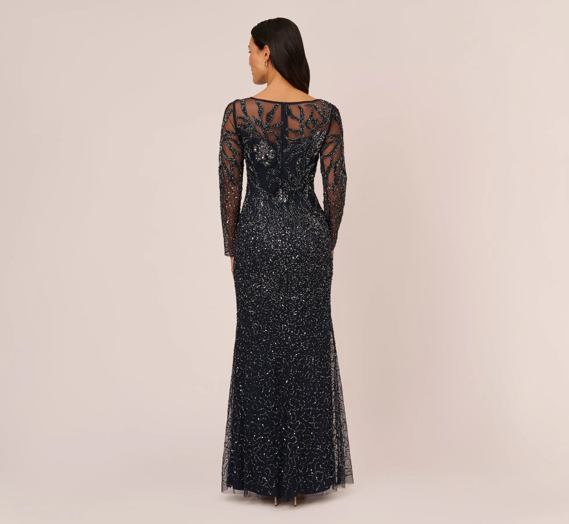 Floral Beaded Dress With Sheer Long Sleeves In Midnight sold by Adrianna Papell product image thumbnail 4