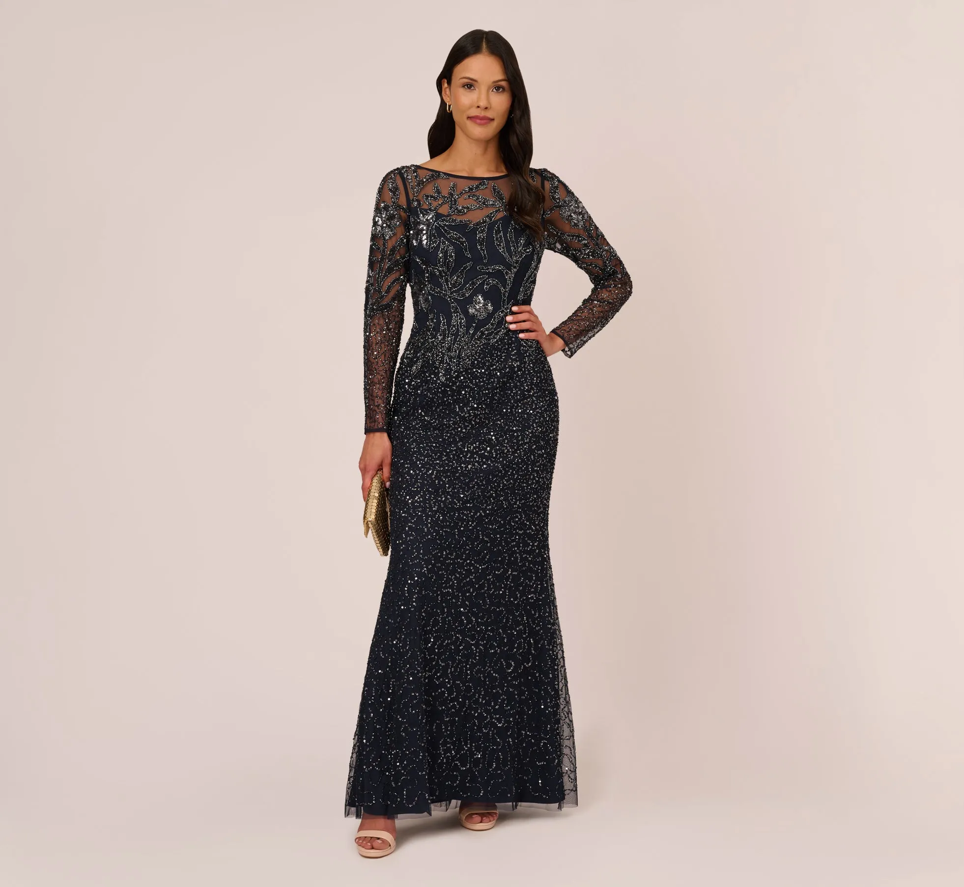 Floral Beaded Dress With Sheer Long Sleeves In Midnight sold by Adrianna Papell product image thumbnail 2