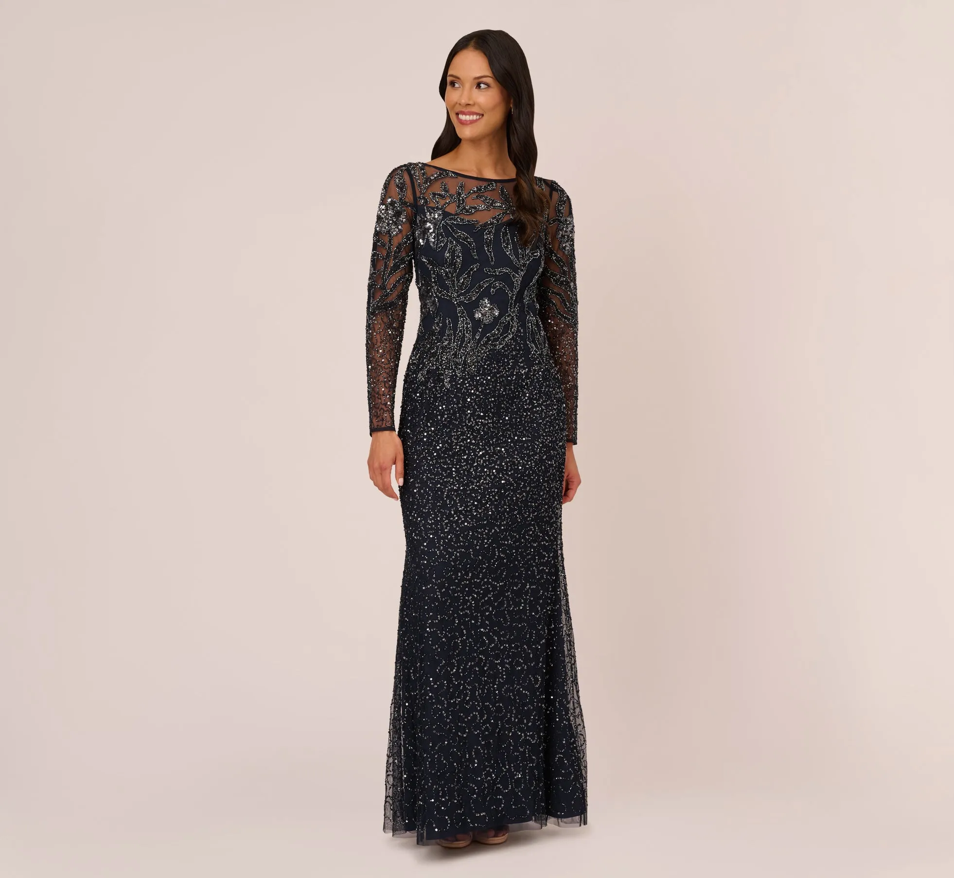 Floral Beaded Dress With Sheer Long Sleeves In Midnight sold by Adrianna Papell
