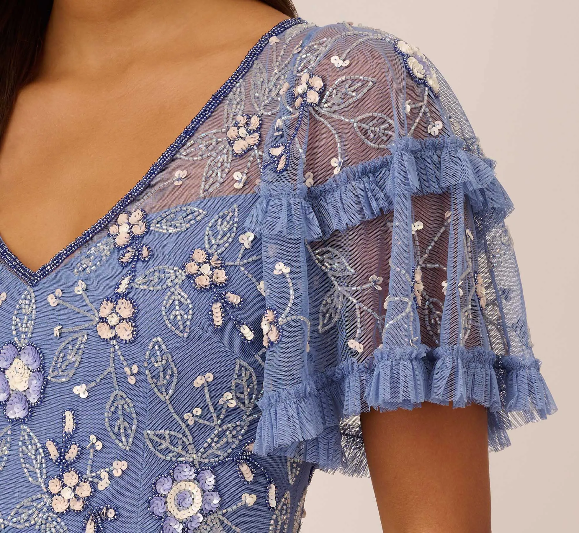 Beaded Midi Dress With Sheer Ruffled Sleeves In French Blue sold by Adrianna Papell product image thumbnail 3