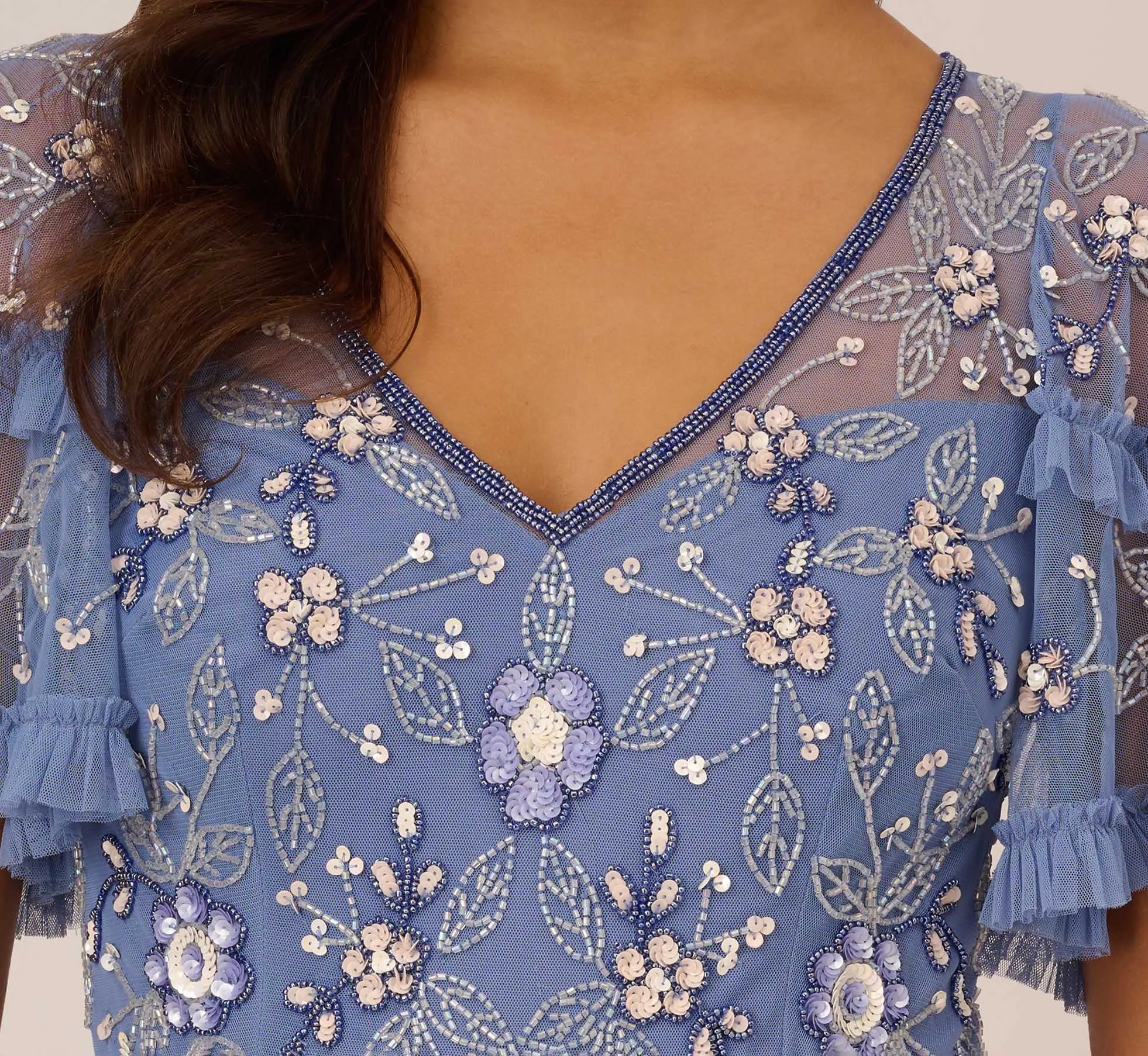 Beaded Midi Dress With Sheer Ruffled Sleeves In French Blue sold by Adrianna Papell product image thumbnail 5