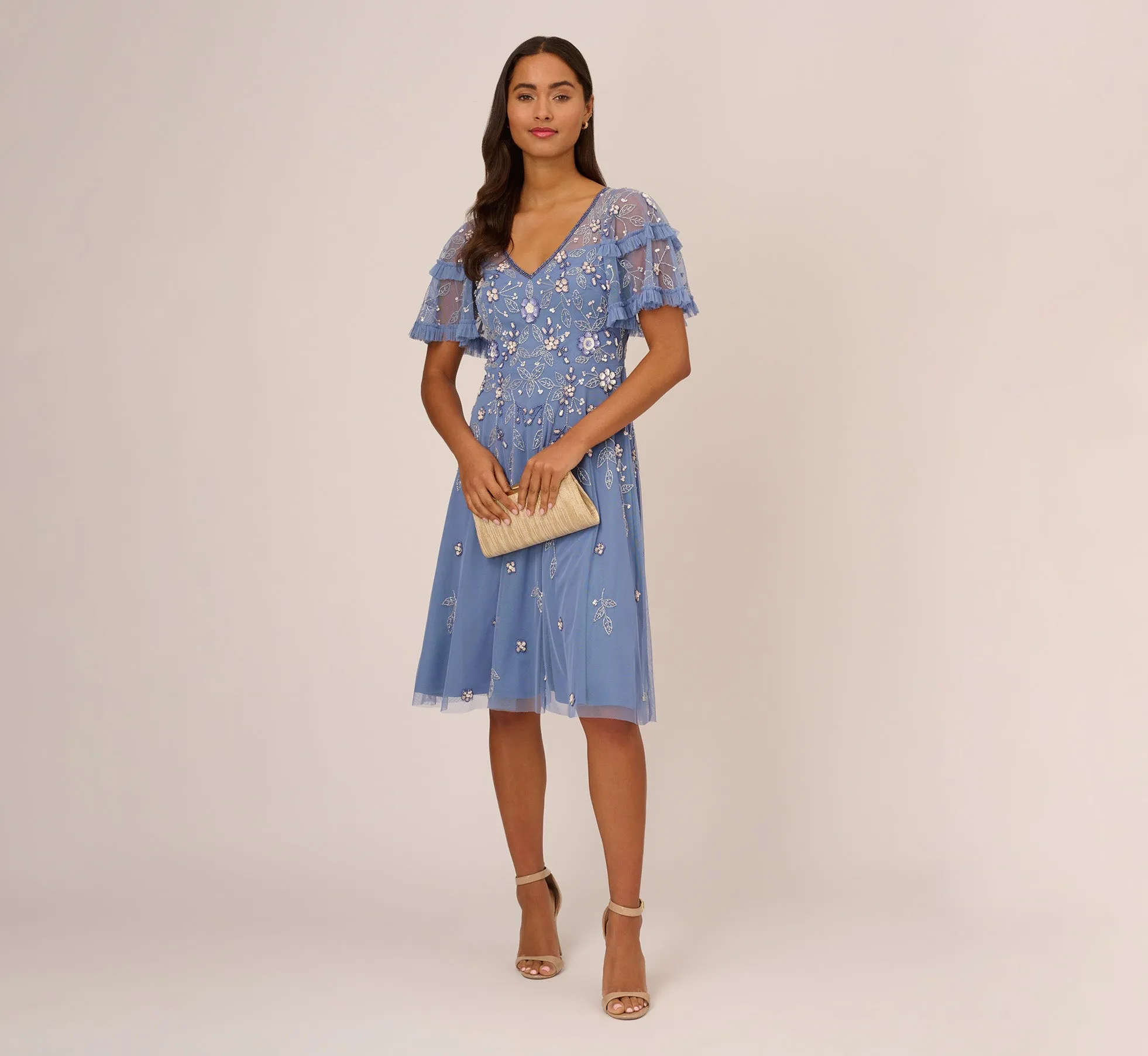 Beaded Midi Dress With Sheer Ruffled Sleeves In French Blue sold by Adrianna Papell product image thumbnail 2